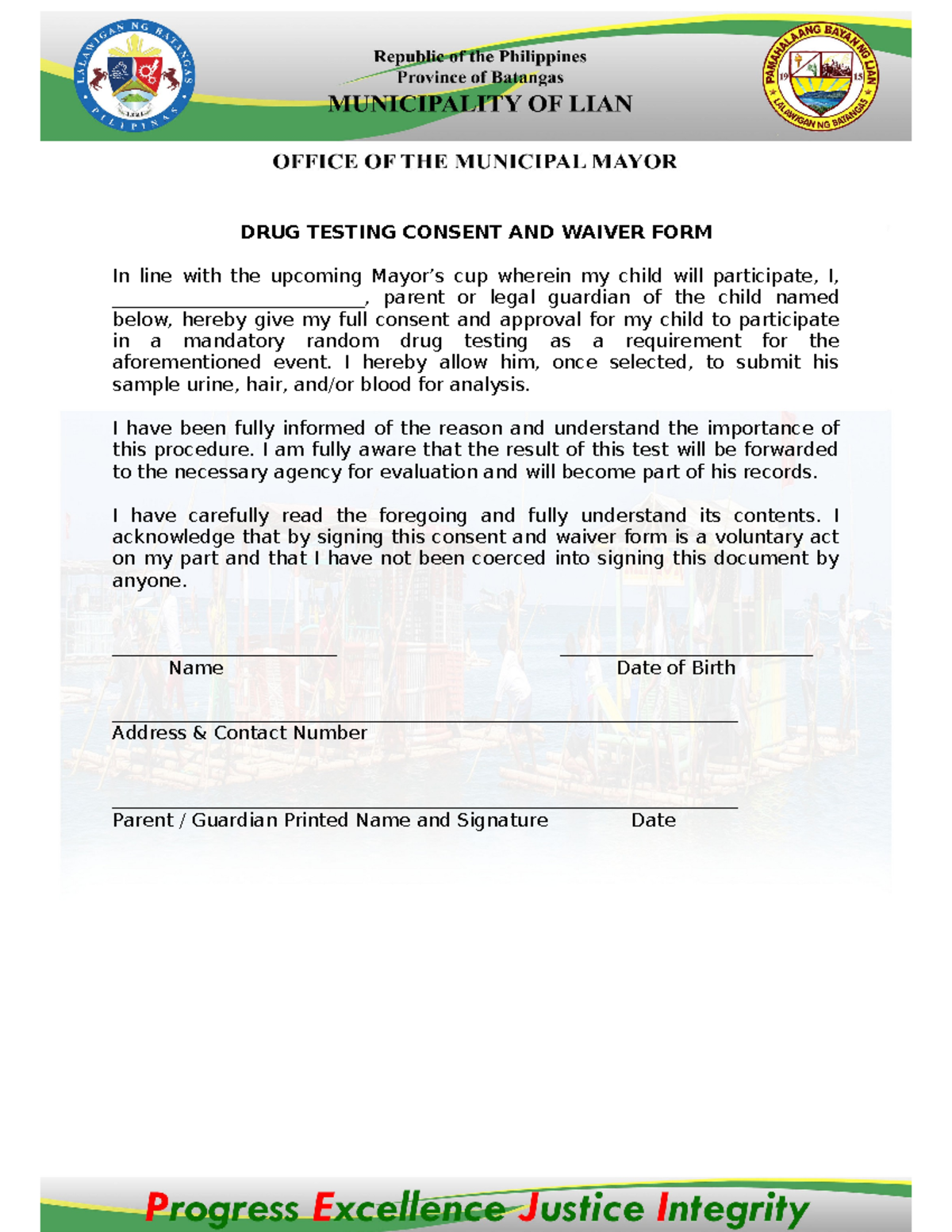 Waiver for Minor's Drug Test Consent - Mayor’s Cup Event - Studocu
