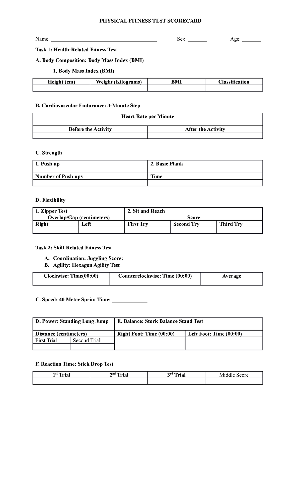 Physical Fitness TEST Scorecard Template - Studocu