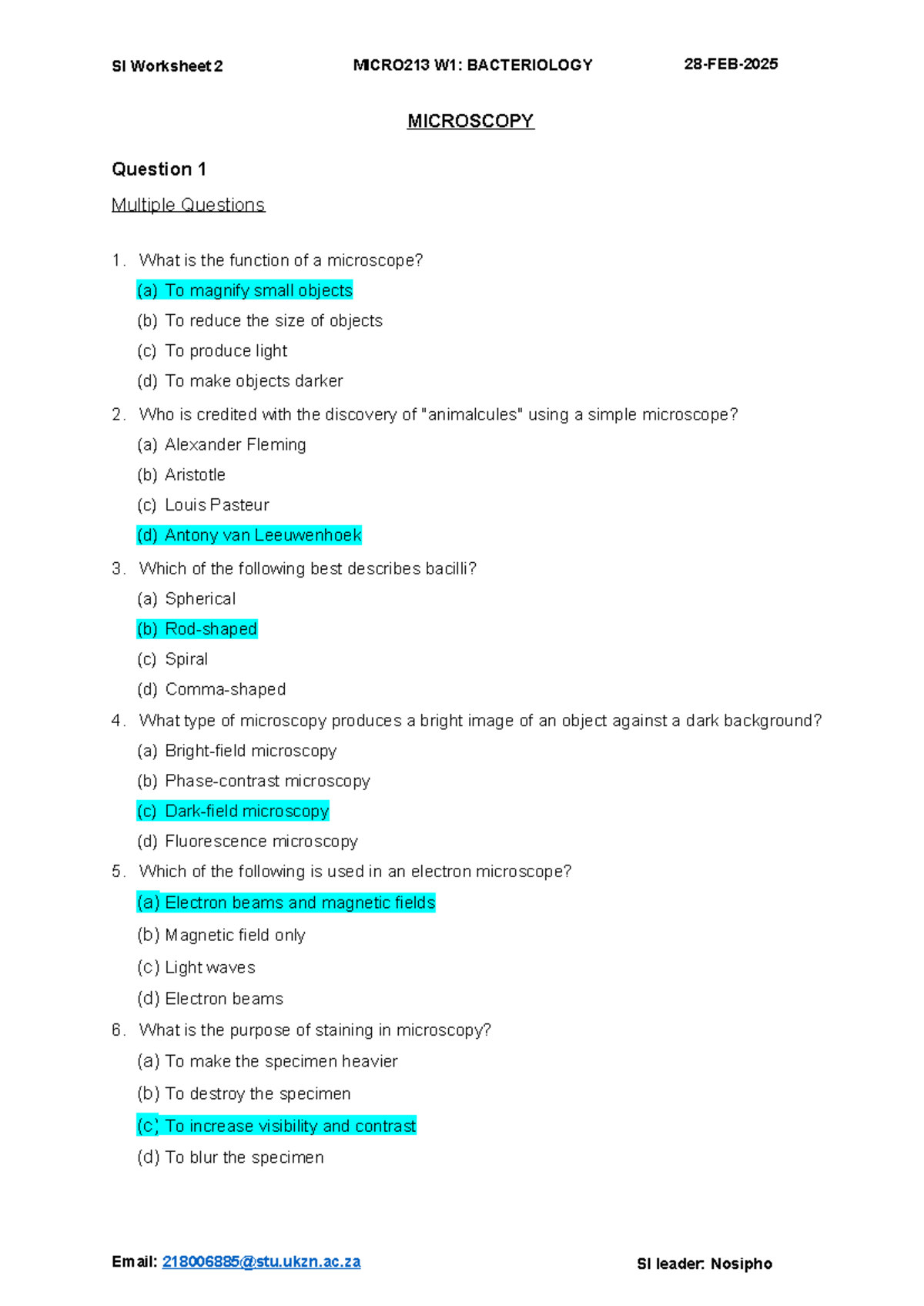 MICRO213 W1: BACTERIOLOGY SI Worksheet 2 - Microscopy Questions ...