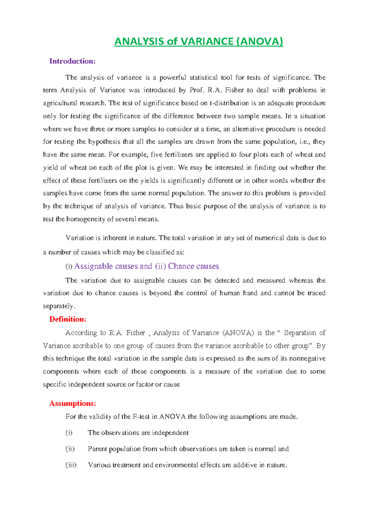 UNIT V - Lecture Notes on ANOVA & Sampling Theory Techniques - Studocu