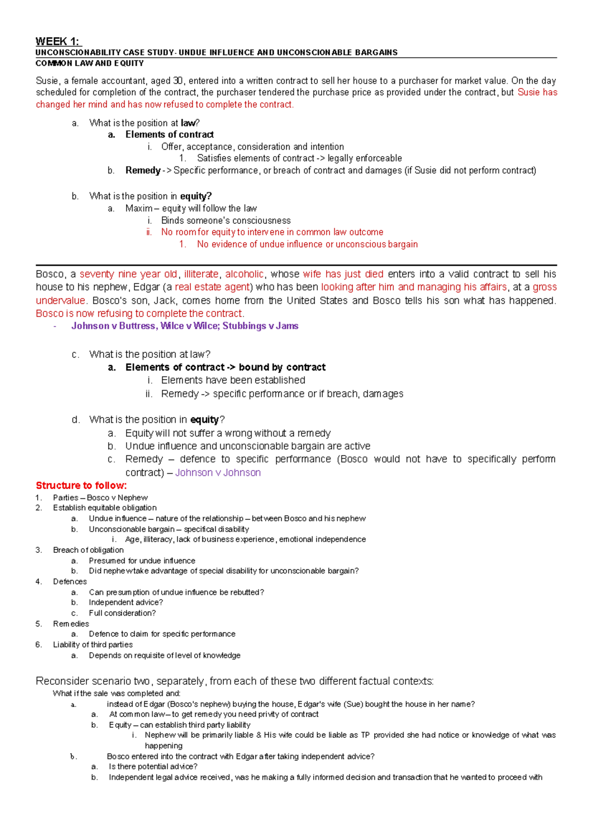 Week 1: Unconscionability Case Study on Undue Influence and Bargains ...
