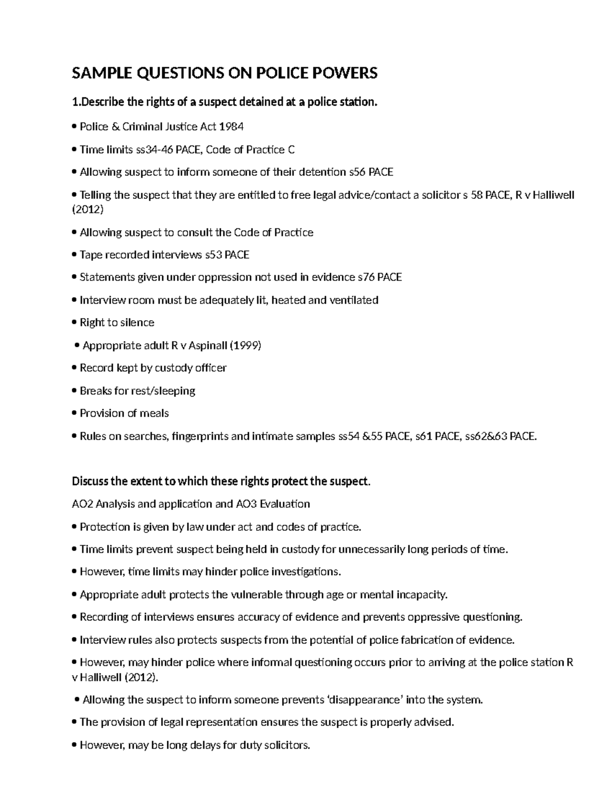 Sample Questions ON Police Powers - SAMPLE QUESTIONS ON POLICE POWERS 1 ...