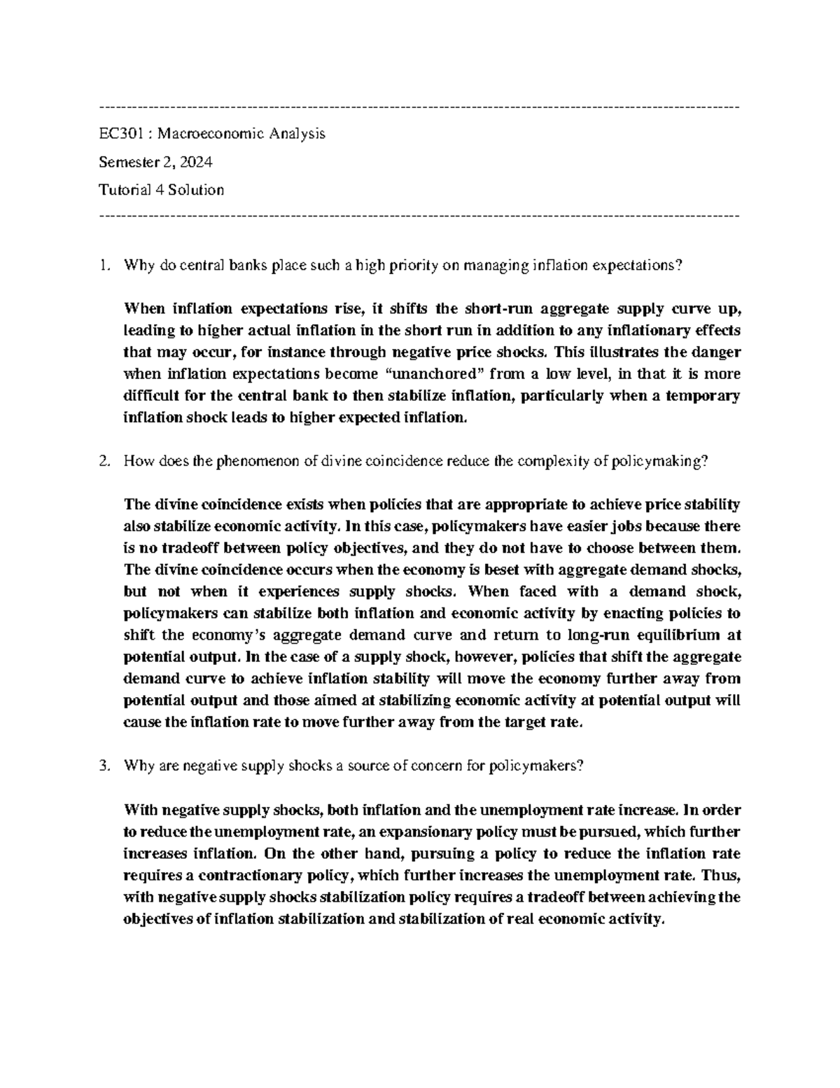 EC301: Macroeconomic Analysis - Tutorial 4 Solutions for Semester 2 ...