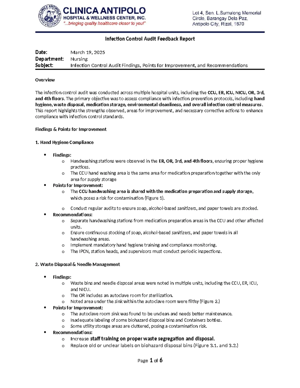 Infection Control Audit Feedback Report for Hemodialysis Unit - Studocu