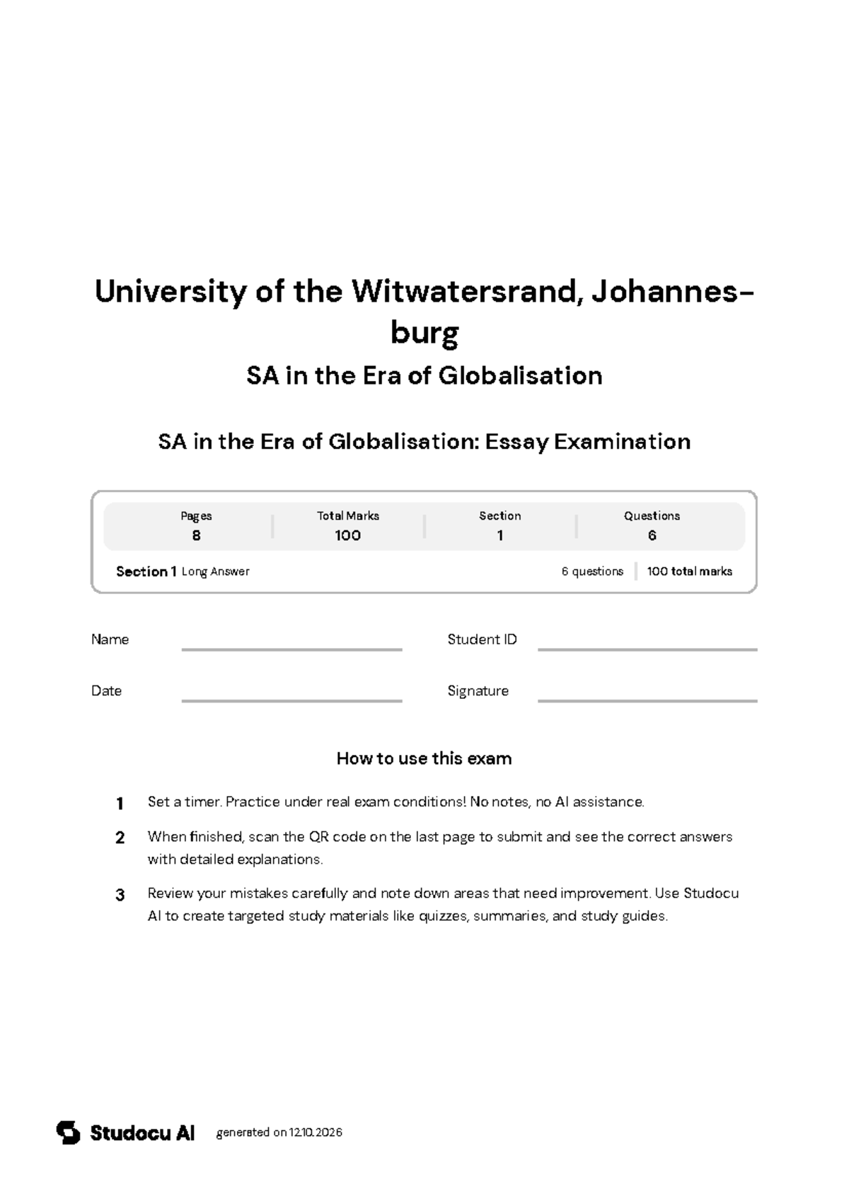 SA in the Era of Globalisation: Essay Examination - Studocu