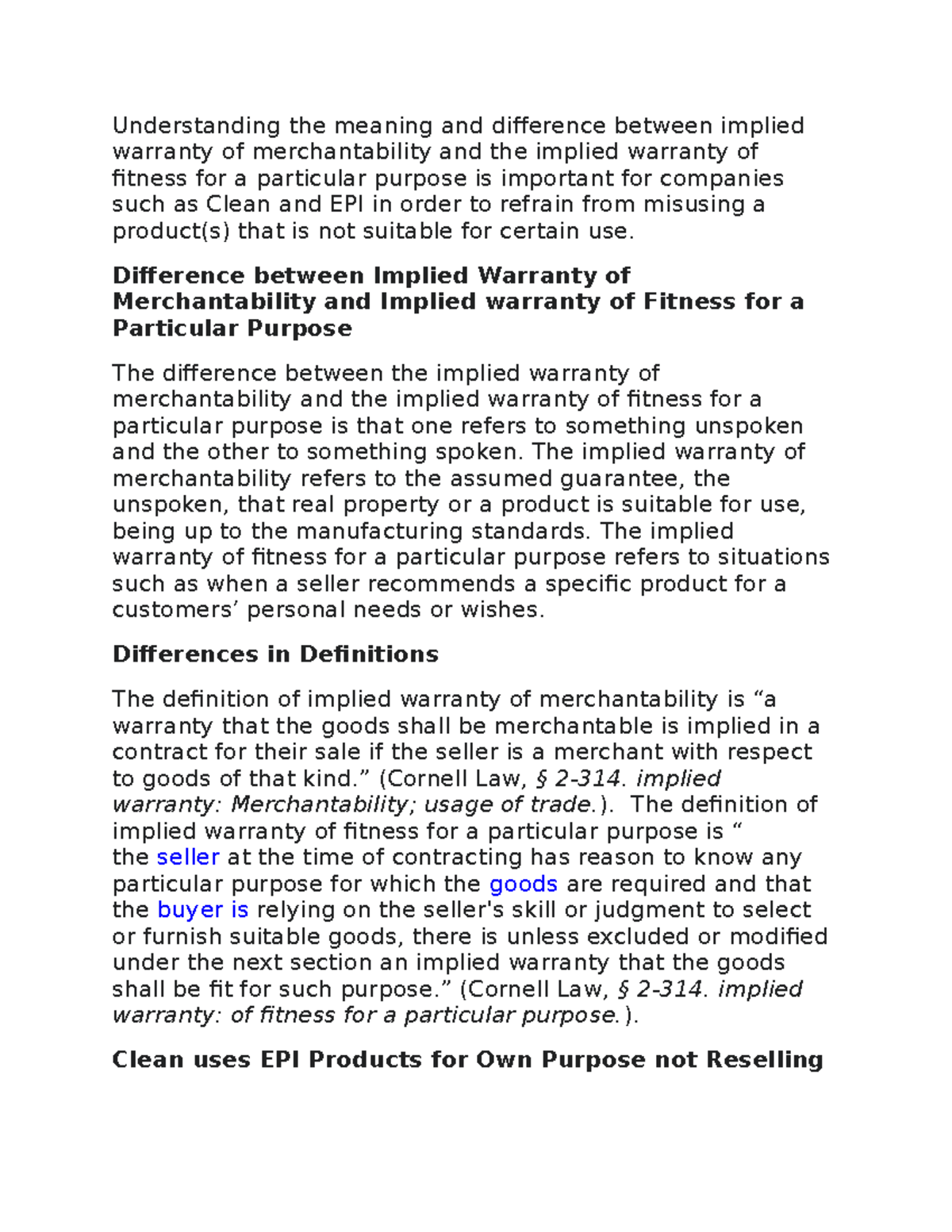 Week 3 Discussion: Implied Warranties of Merchantability vs. Fitness ...