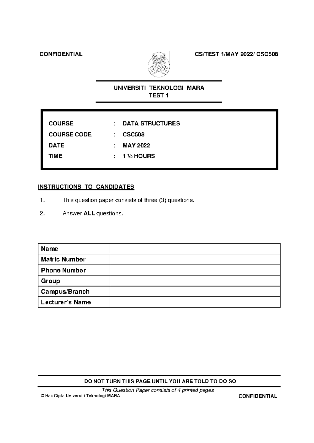 TEST 1 CSC508 MAY 2022 - DATA STRUCTURES QUESTION PAPER UiTM - Studocu