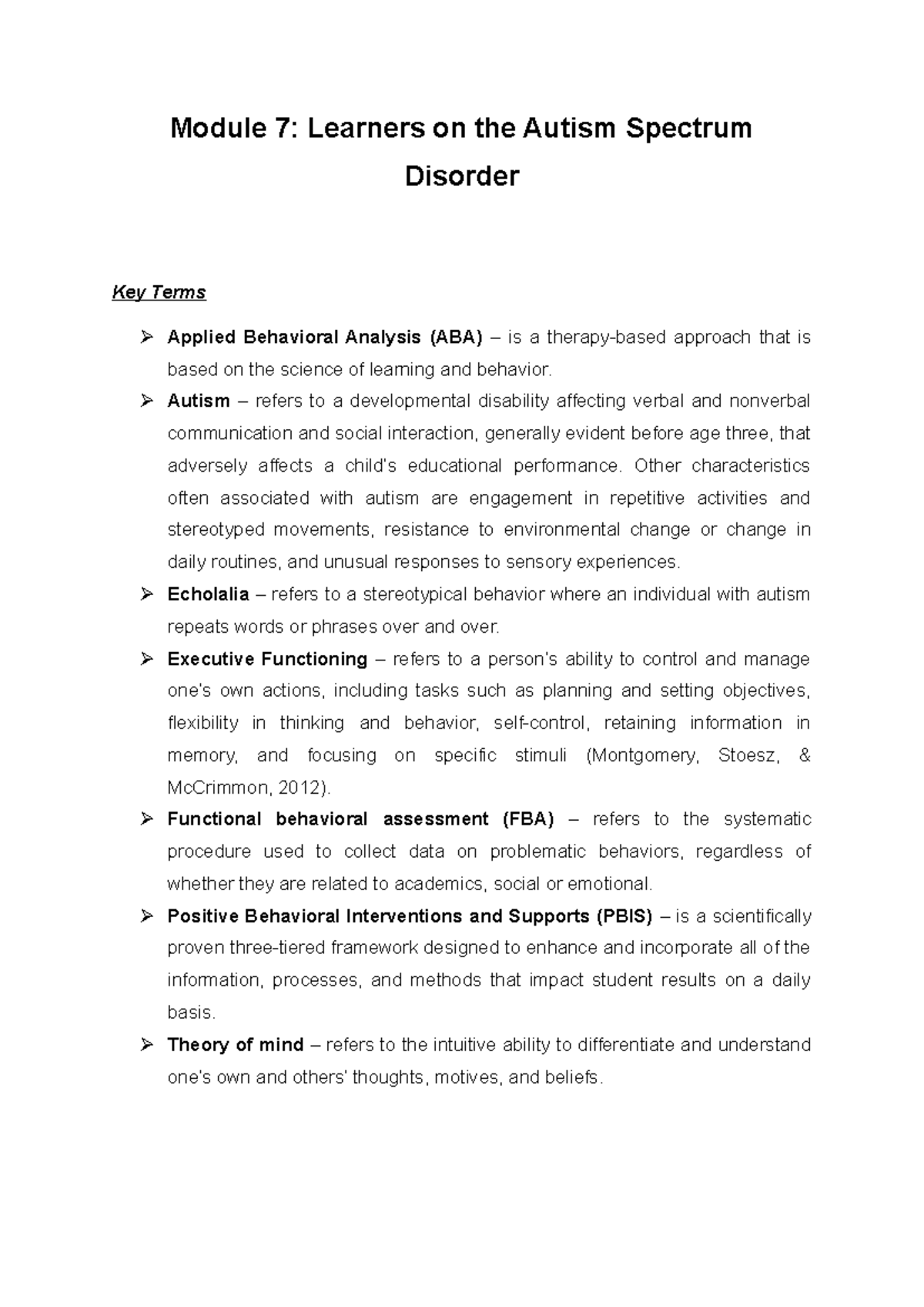 Module 7: Key Terms in Autism Spectrum Disorder (ASD) - Studocu