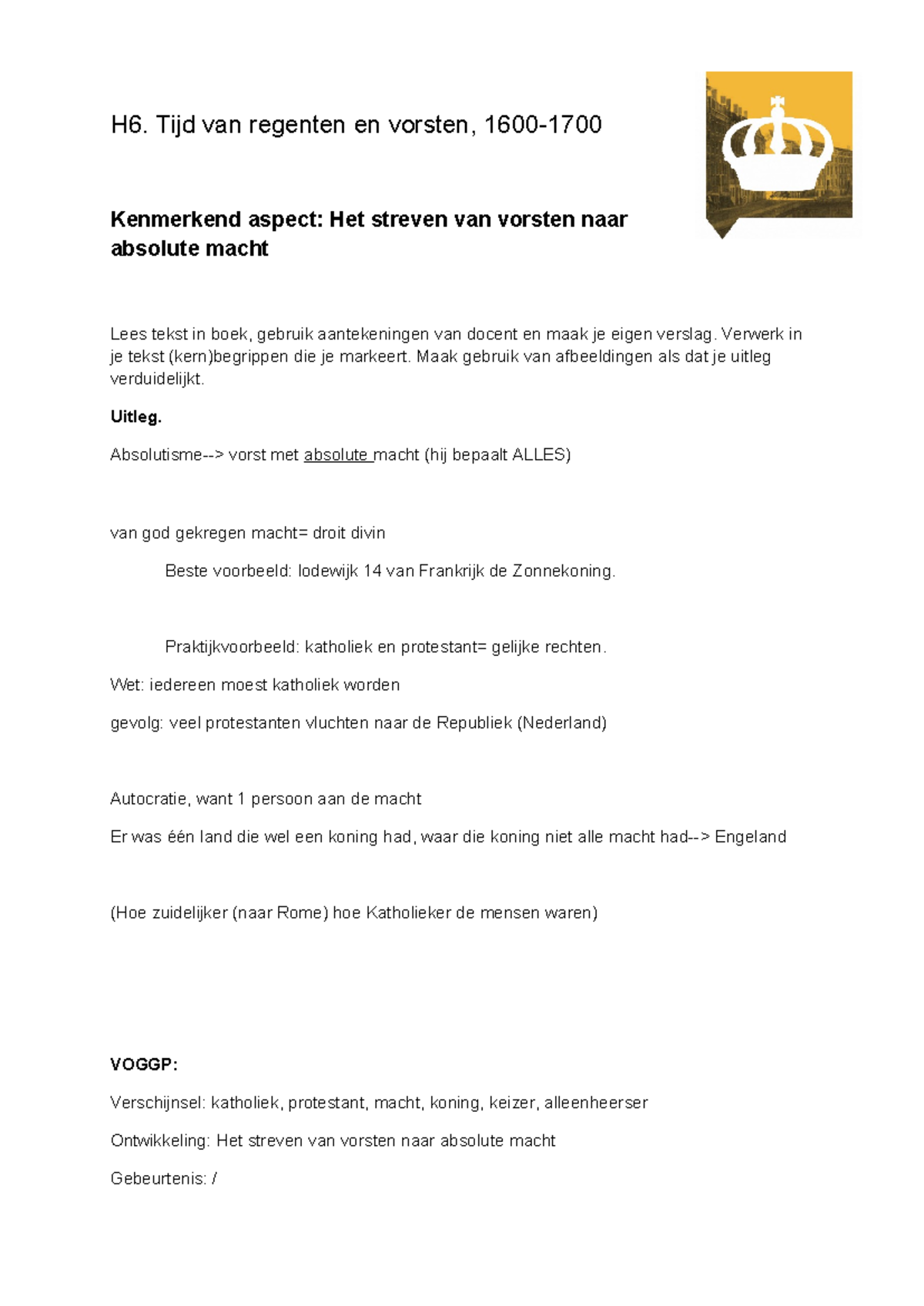 KA H6: Het Streven van Vorsten naar Absolute Macht en Absolutisme ...