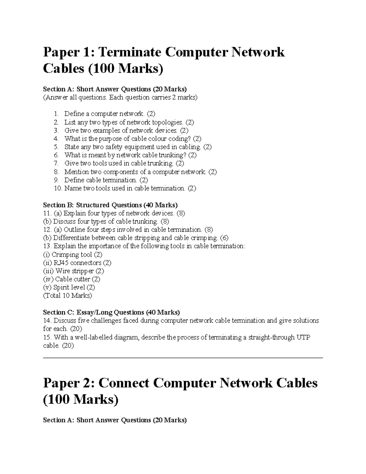 Paper 1: Revision on Computer Network Cables (100 Marks) - Studocu