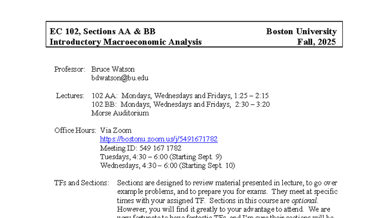 EC 102 Syllabus: Introductory Macroeconomic Analysis - Fall 2025 - Studocu