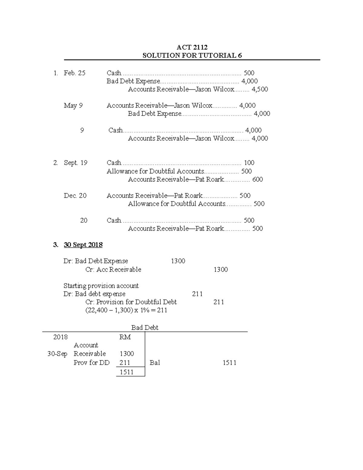 Solution for Tutorial 6: Bad Debt Expense & Accounts Receivable ...