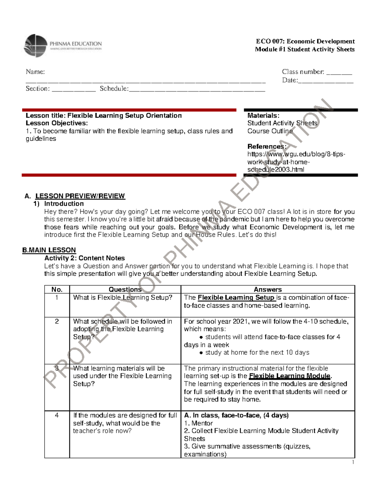 SAS1-ECO007 - Student Activity Sheet for Economic Development Module 1 ...