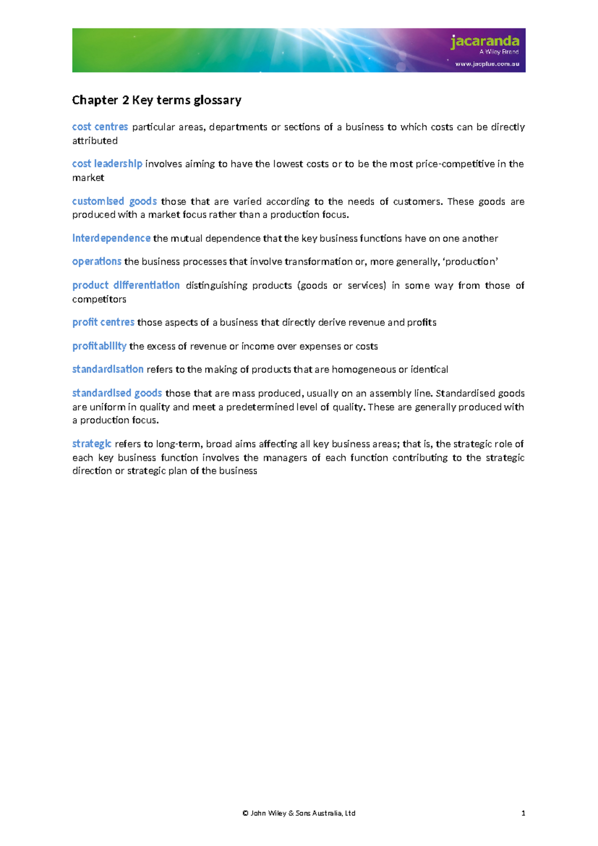 Chapter 2 Terminology - Chapter 2 Key terms glossary cost centres ...
