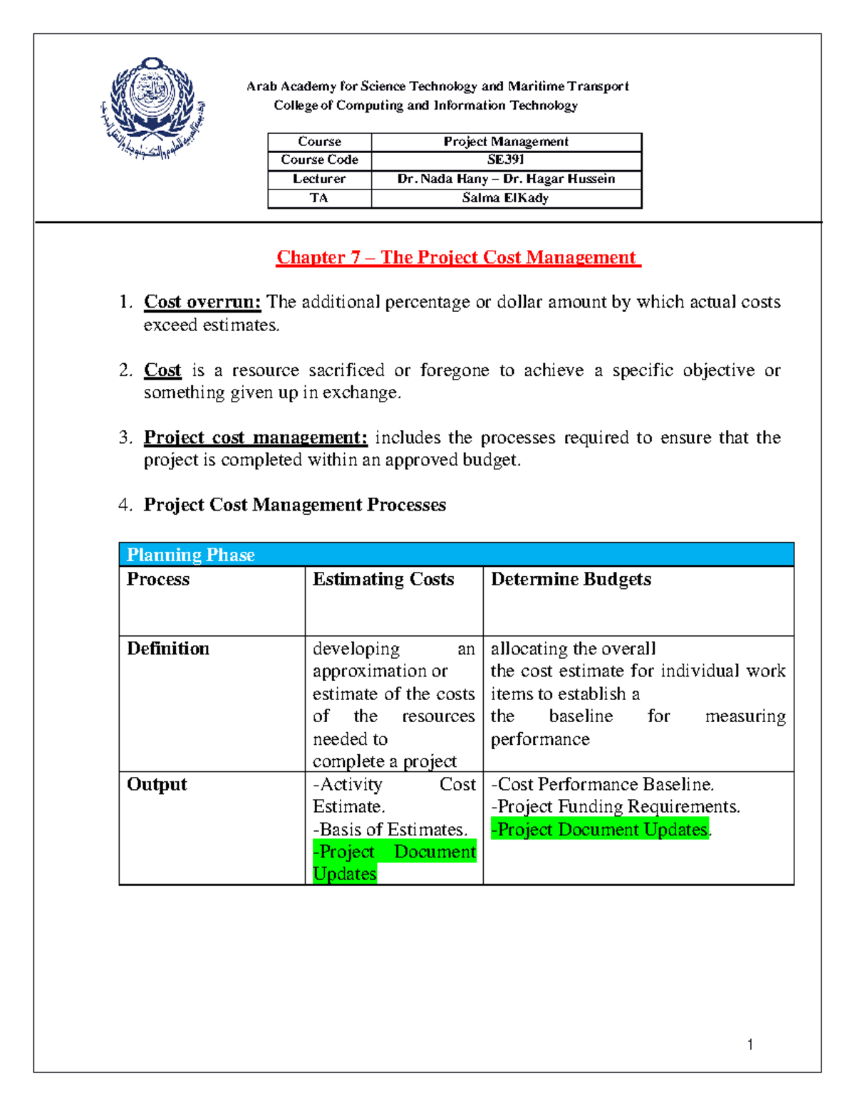 Chapter 7 Notes - Project Cost Management - Arab Academy for Science ...