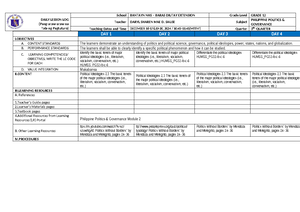 DAILY LESSON LOG: Philippine Politics & Governance (Grade 12, 3rd ...