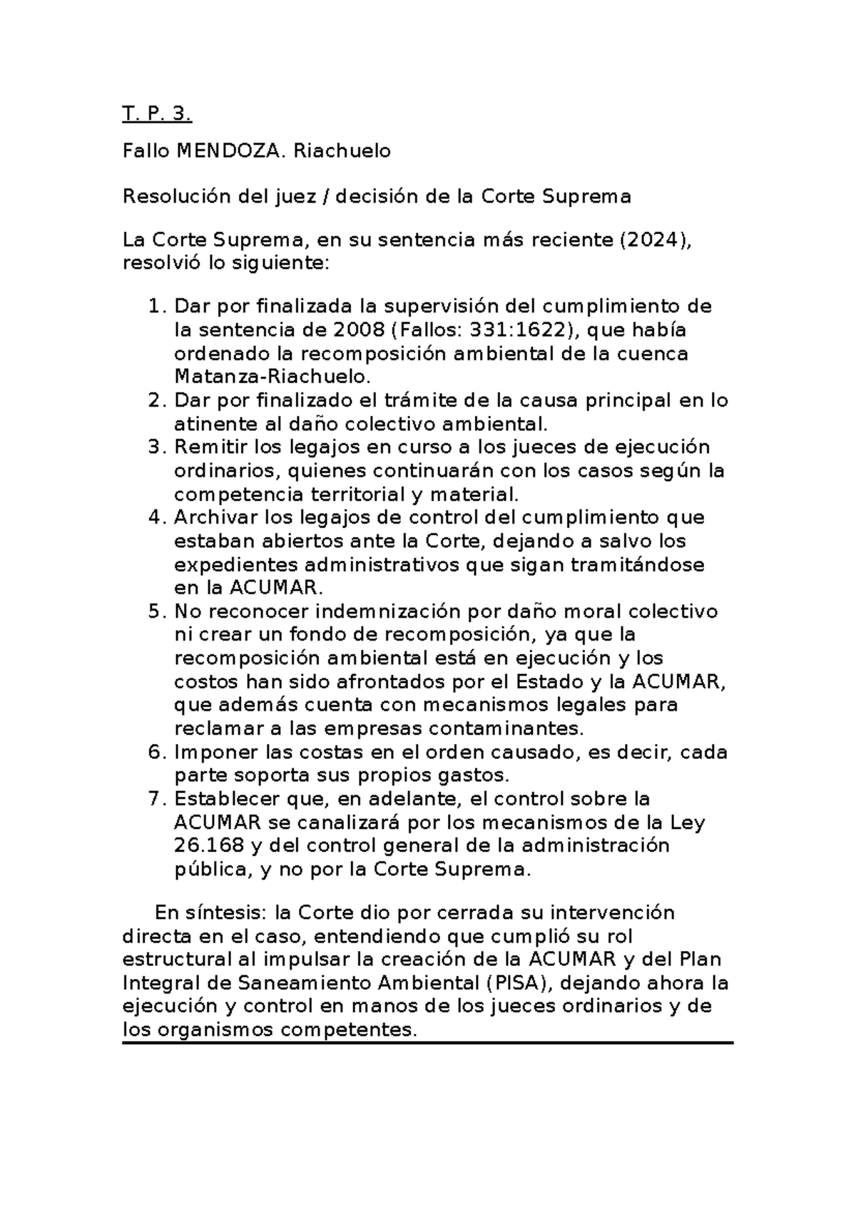 Resumen del Fallo de la Corte Suprema sobre Riachuelo (T.P. 3) - Studocu