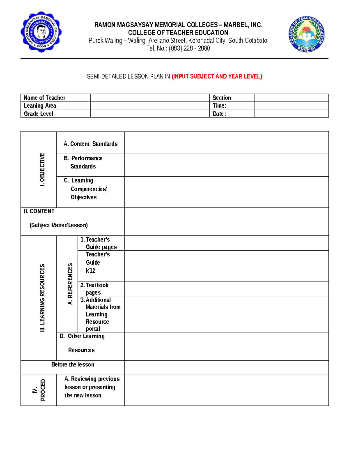 Semi-Detailed Lesson Plan Format for Teacher Education 2023 - Studocu