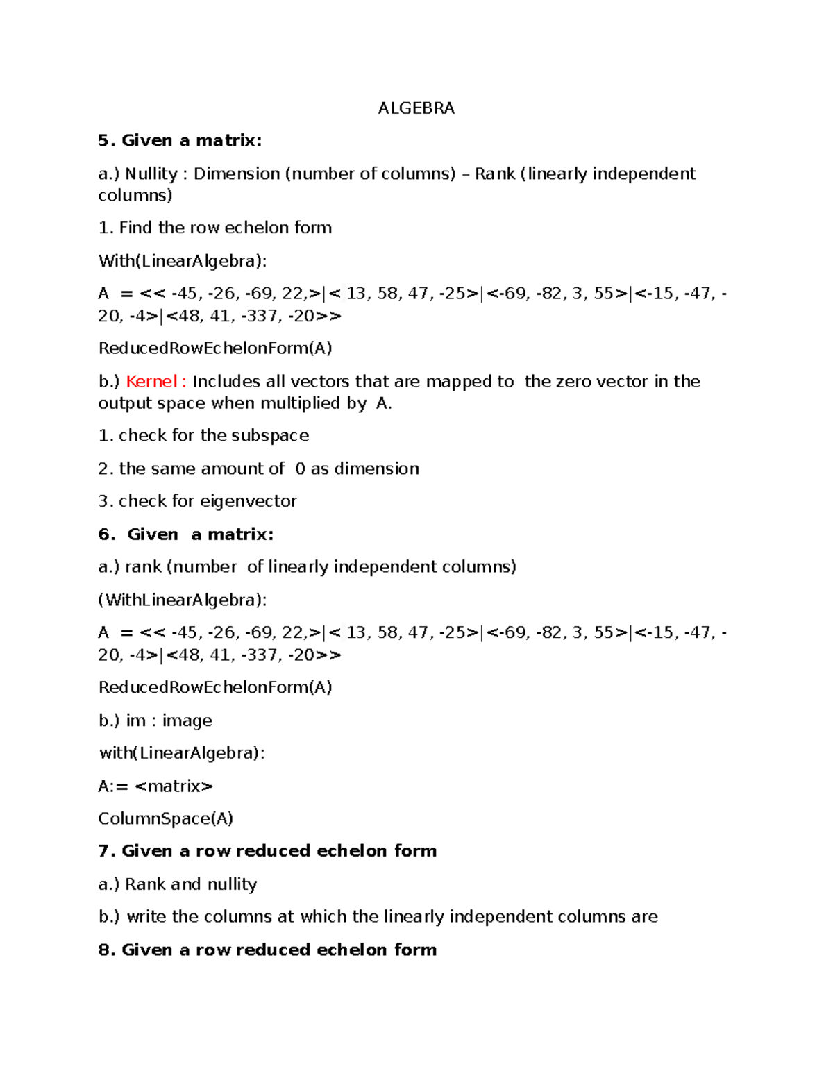 LAB TEST 2 - Algebra - ALGEBRA Given a matrix: a.) Nullity : Dimension ...