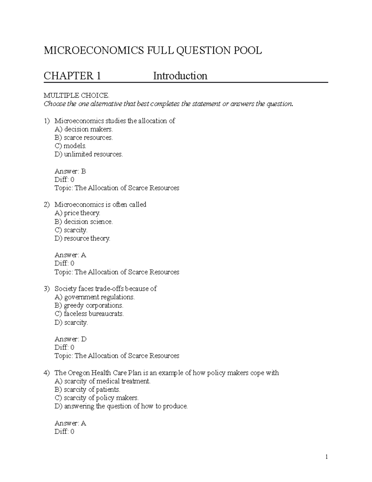 Microeconomics Question Pool: Comprehensive MCQs Across Chapters ...