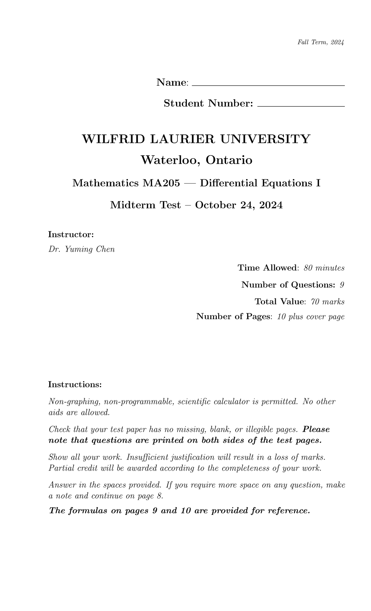 MA205-2024F-Mid - Differential Equations I Midterm Test Notes - Studocu