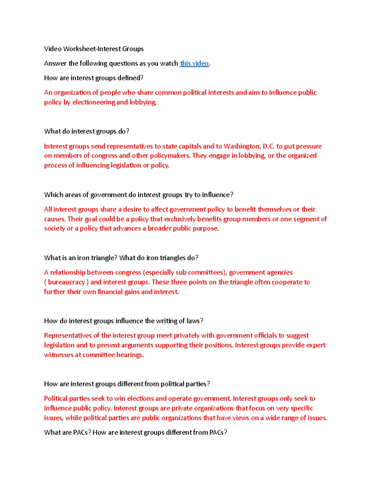 Video Worksheet on Interest Groups: Definitions and Influences - Studocu