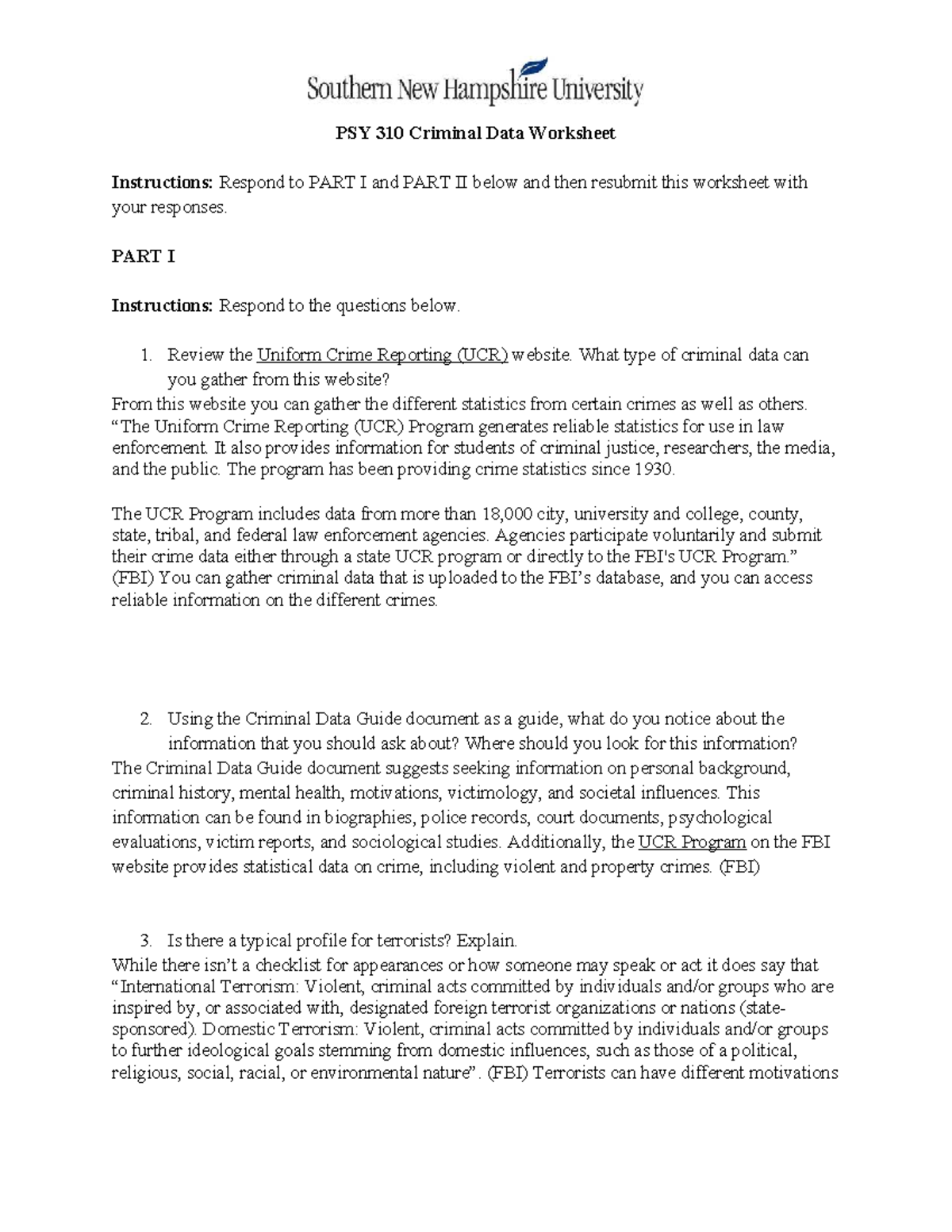 PSY 310 Criminal Data Worksheet: Analyzing Crime Profiles and Sources ...