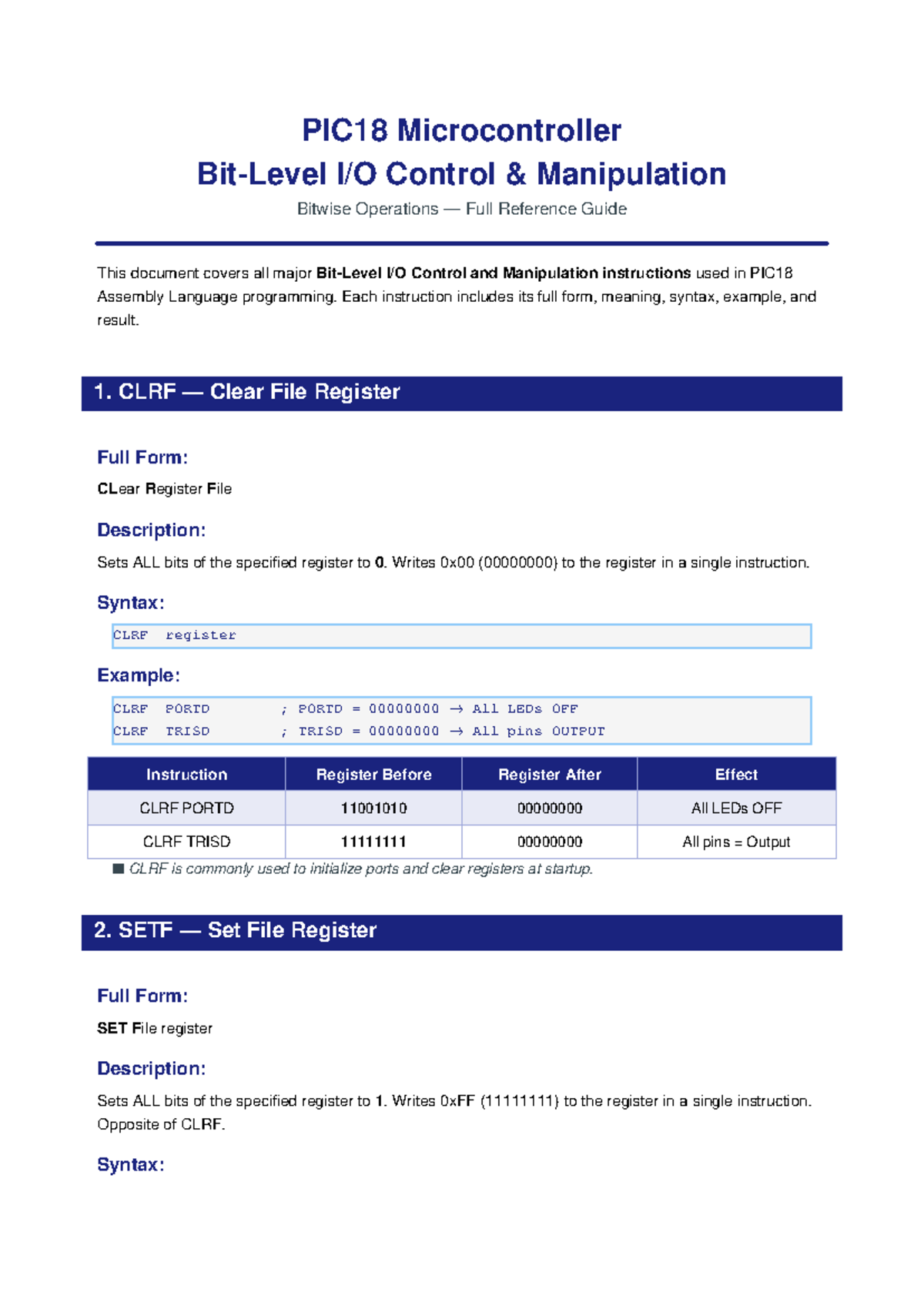 PIC18 Bitwise IO Control: Full Reference Guide on Instructions - Studocu