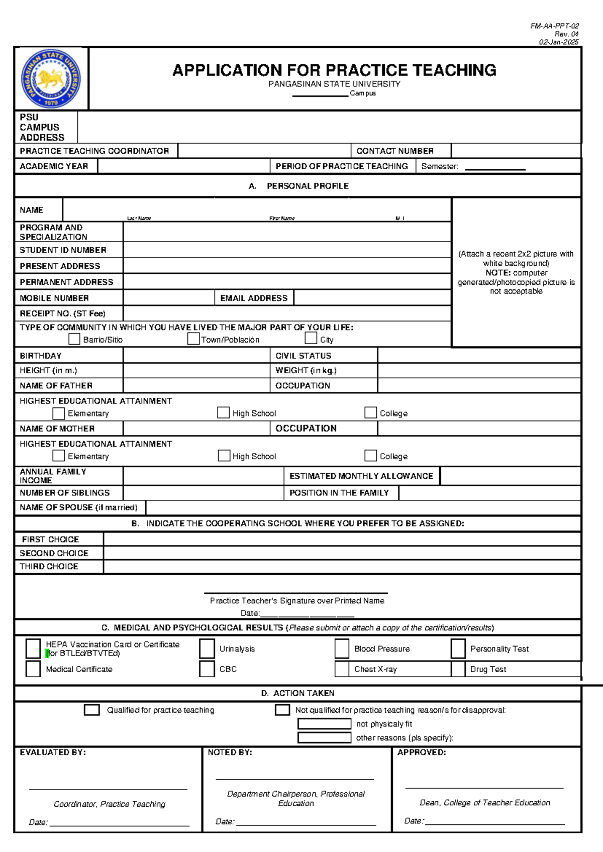 02 Application for Practice Teaching - Pangasinan State University ...