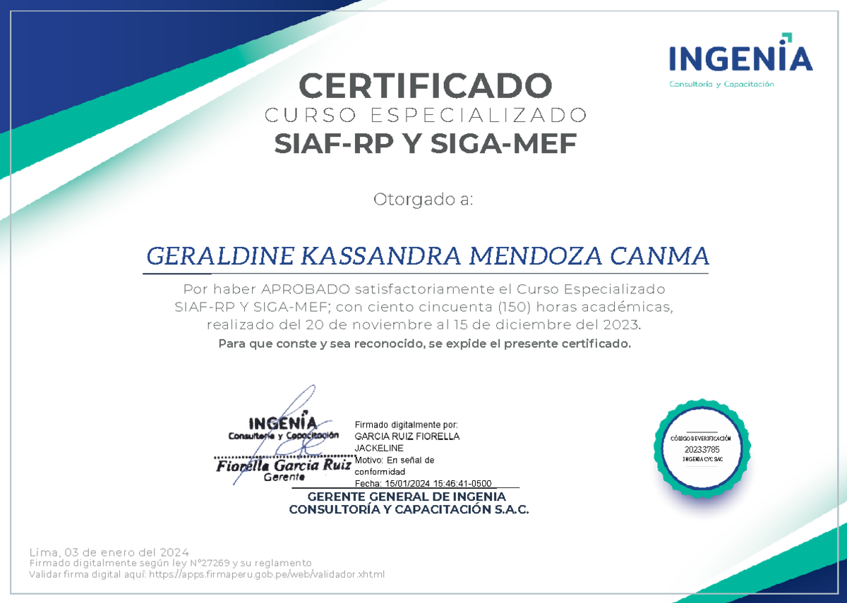 Certificado de Curso Especializado SIAF-RP y SIGA-MEF - 150 Horas - Document Preview