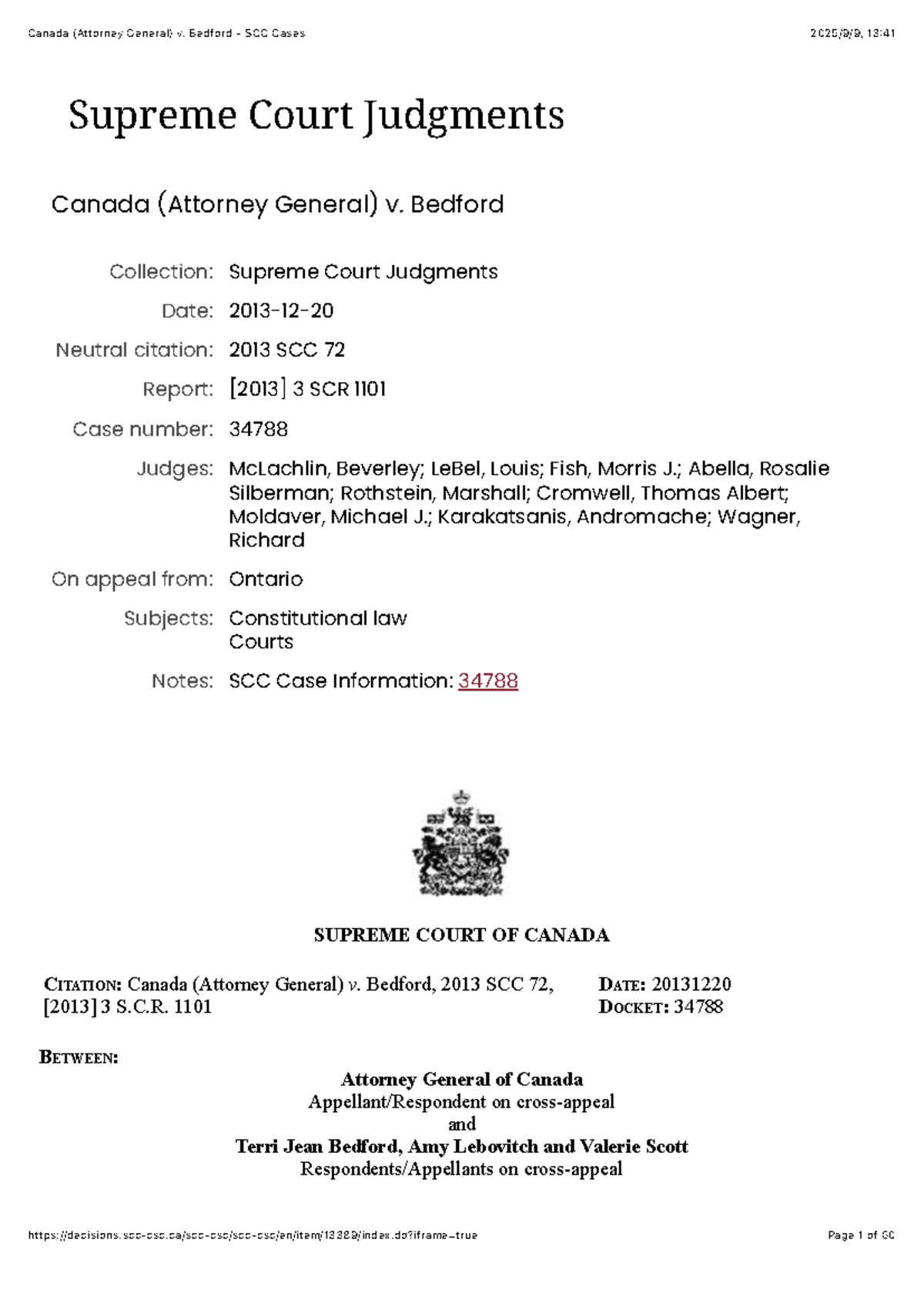 Canada (Attorney General) v. Bedford - SCC Case Analysis and Judgment ...