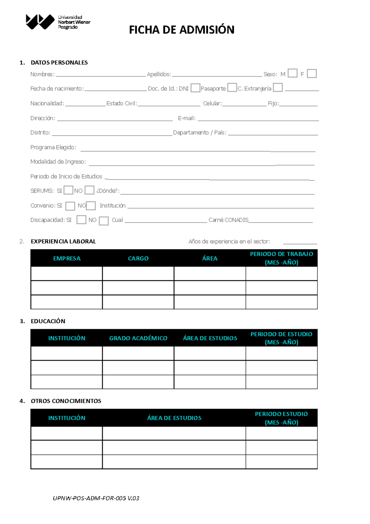 UPNW-POS-ADM-FOR-005 Ficha Adm POS v3 (4) - 1. DATOS PERSONALES Nombres ...