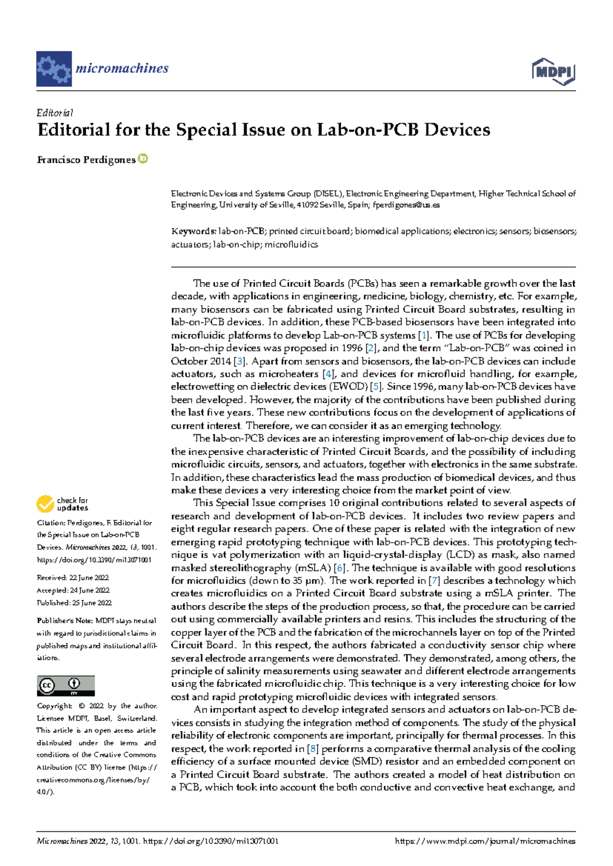 Editorial on Devices in Micromachines (MDPI) - Special Issue 2022 - Studocu