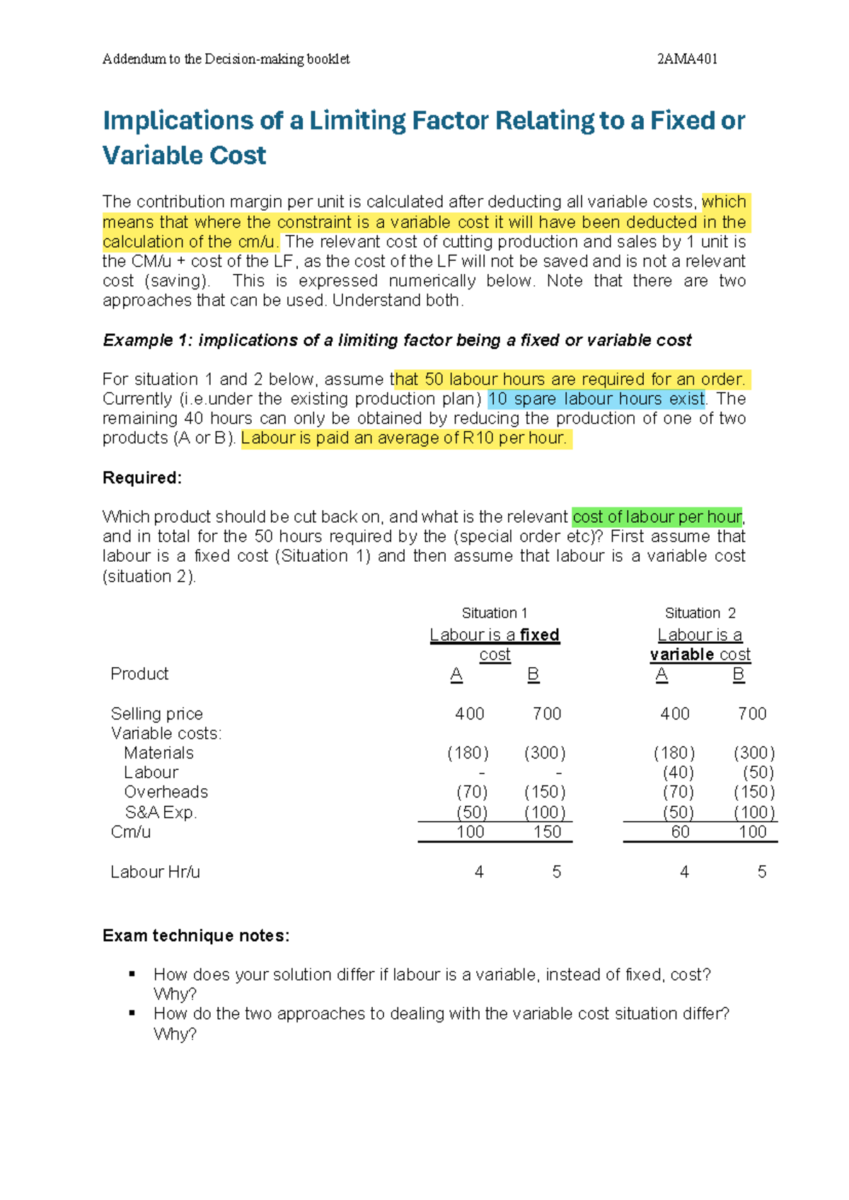 Addendum Implications of a Limiting Factor Relating to a Fixed or ...