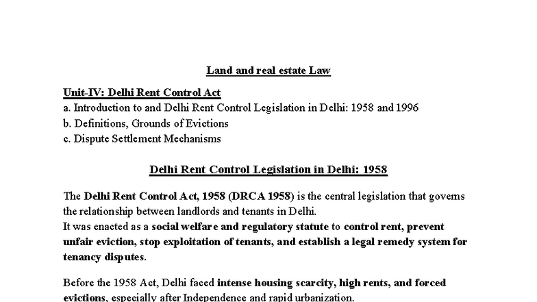 Land and Real Estate Law: Delhi Rent Control Act Overview (Unit 4 ...