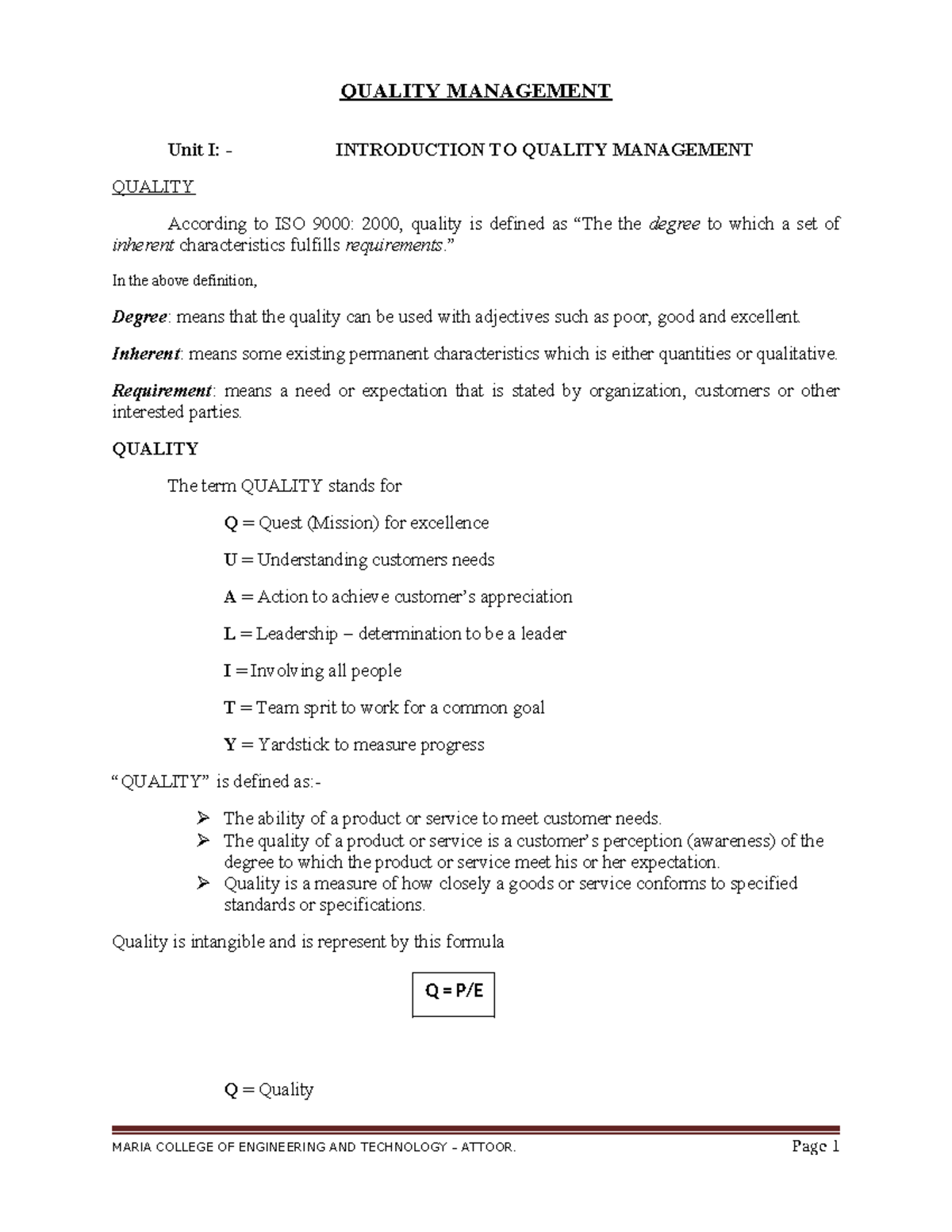 TQM Notes Unit I: Introduction to Quality Management Concepts - Studocu