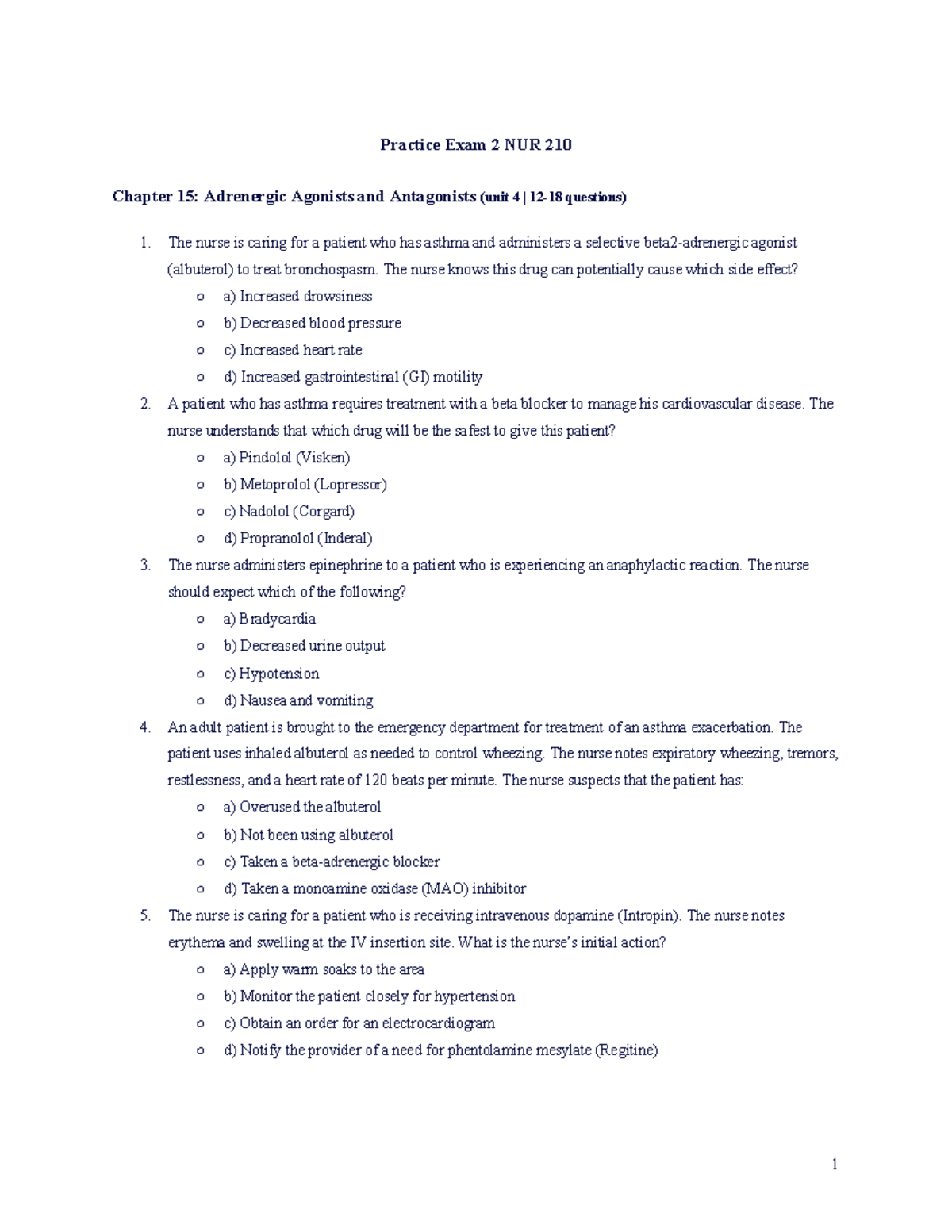 Practice Exam 2: NUR 210 Pharmacology - Units 4, 5, 6 Questions - Studocu