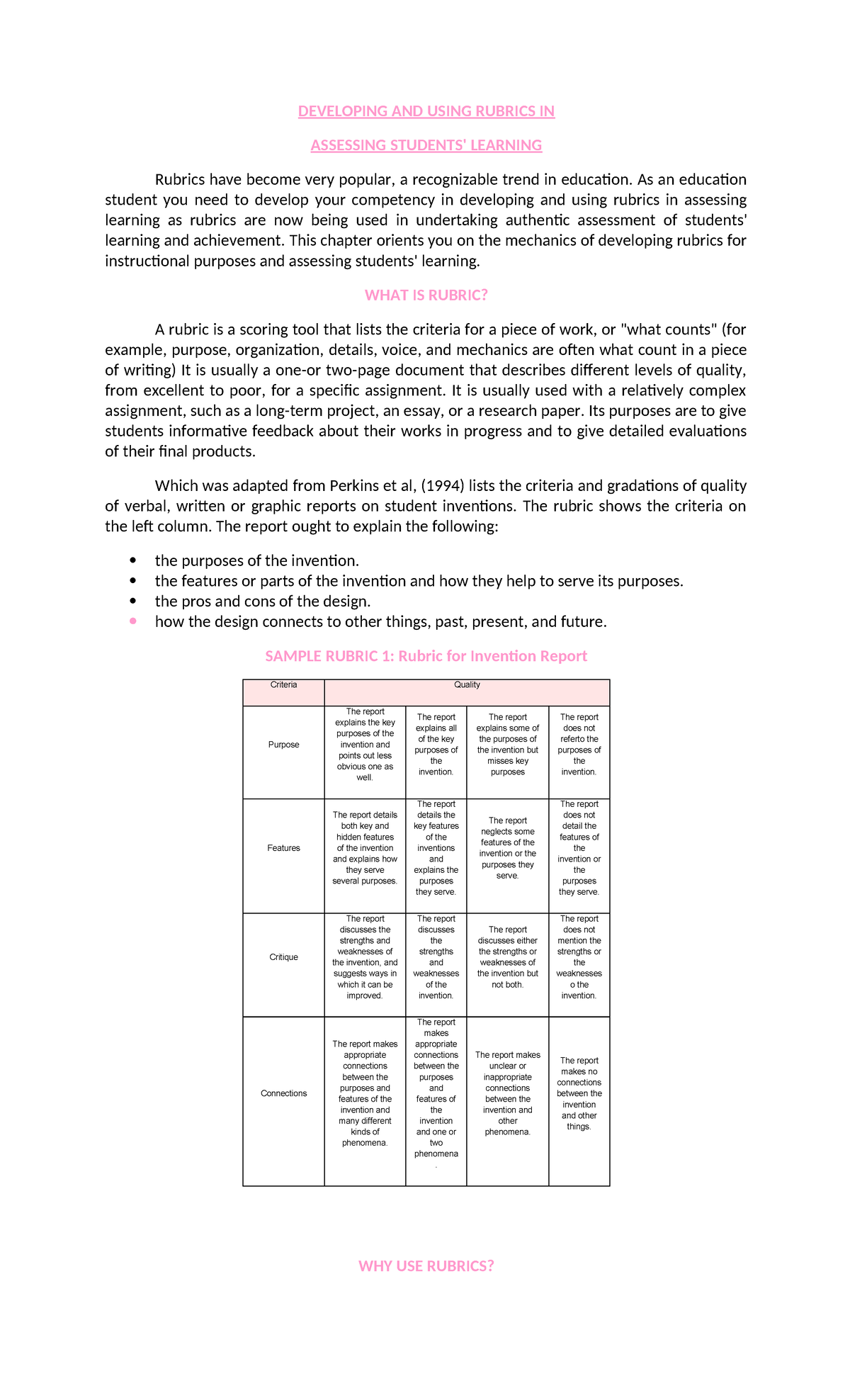 Developing Rubrics for Student Assessment: Insights for Learning 2 ...