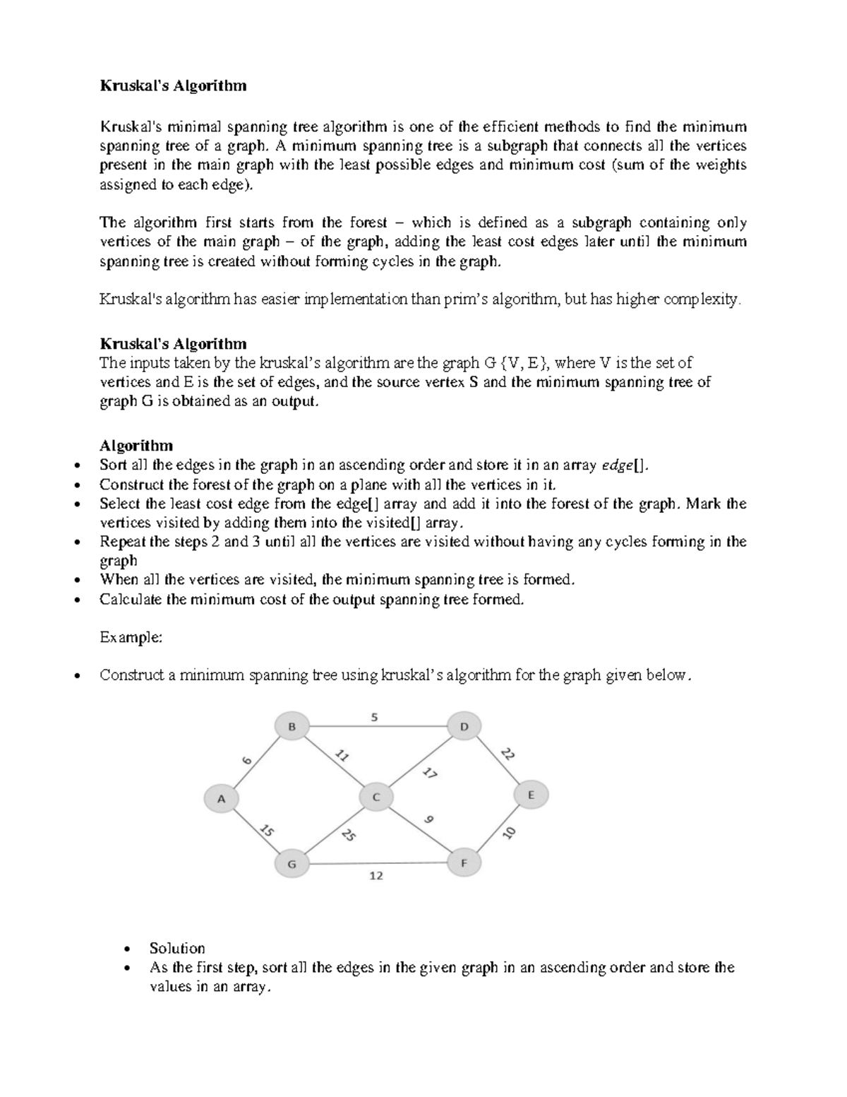 Unit 5: Kruskal's Algorithm for Minimum Spanning Tree - Studocu