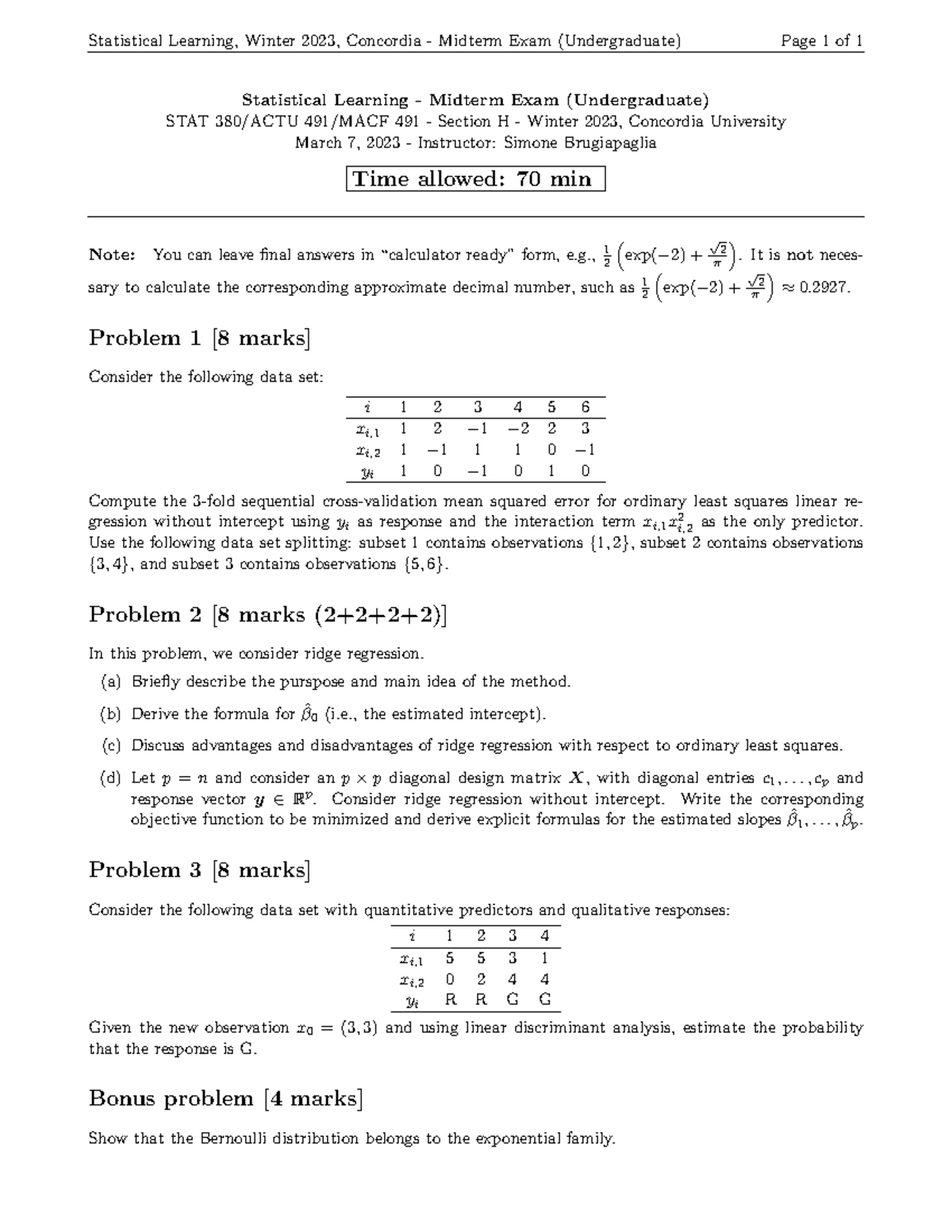 STAT 491 Midterm Exam: Statistical Learning Winter 2023 - Studocu