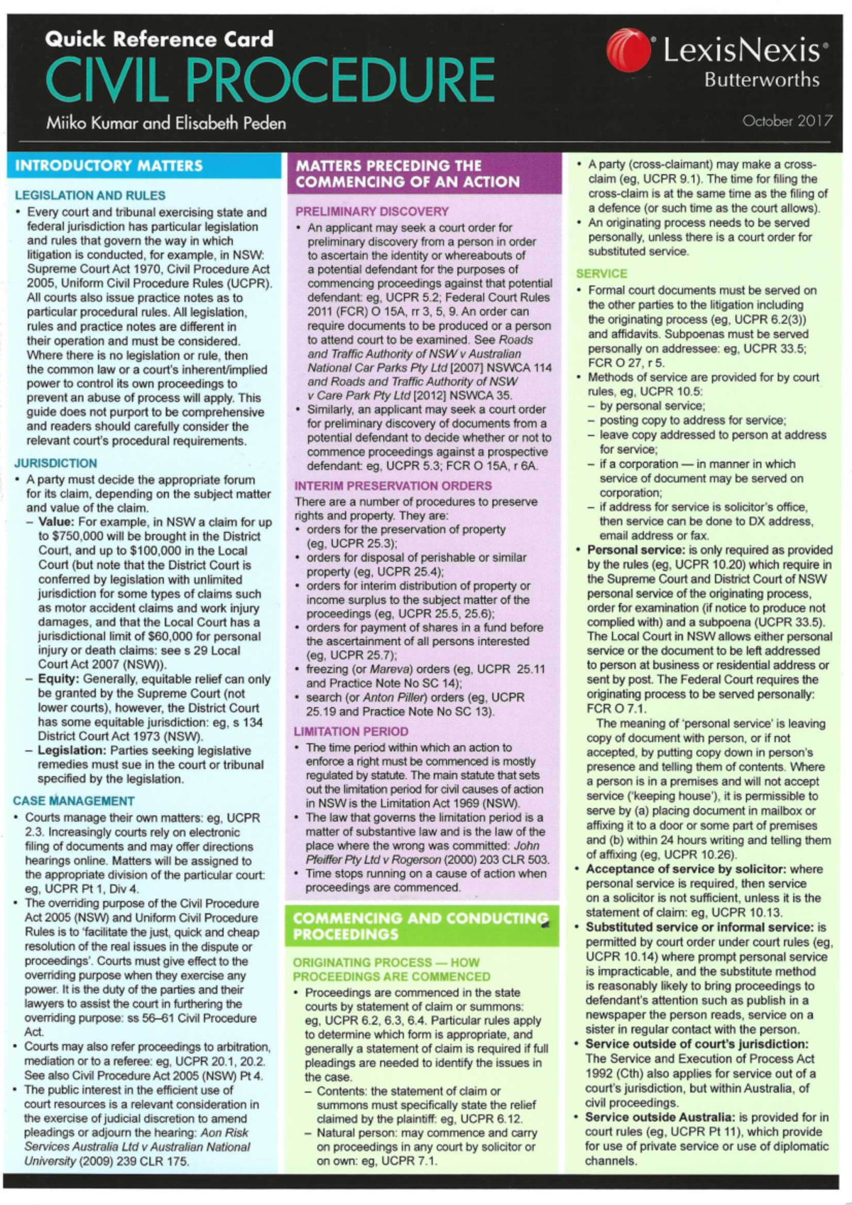 LexisNexis Quick Reference Card: Civil Procedure UCPR Overview - Studocu