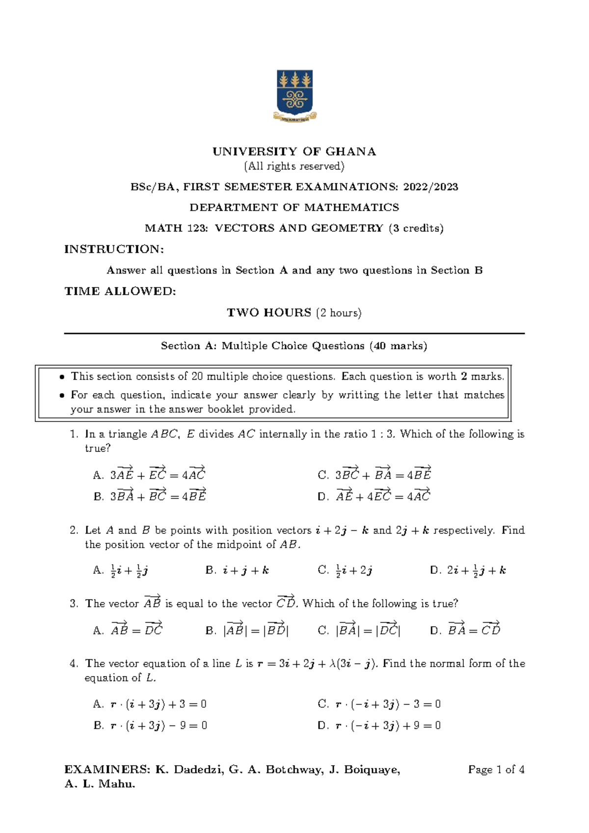 MATH 123: Vectors and Geometry Final Exam Questions 2022-2023 - Studocu