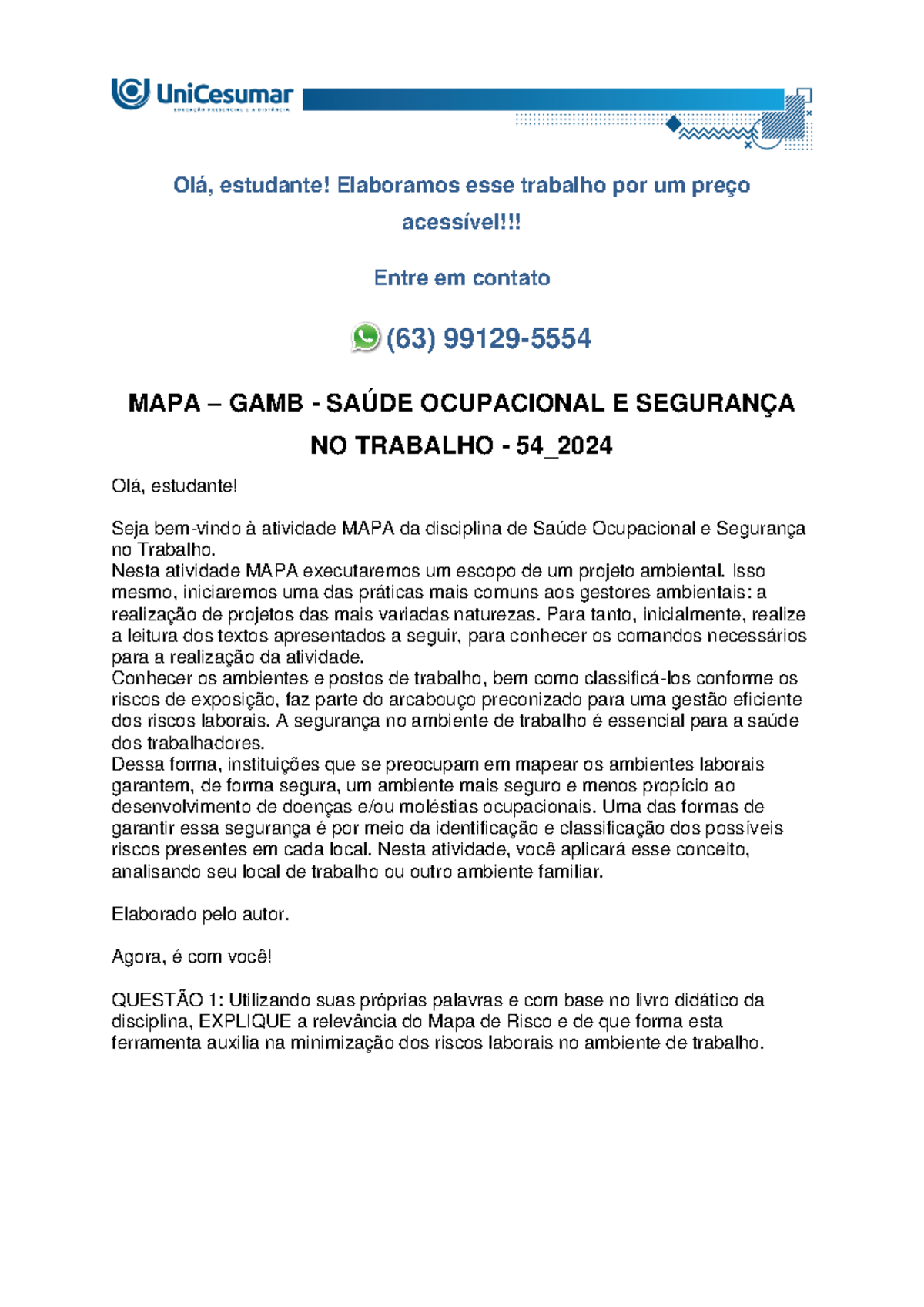 MAPA DE RISCO - SAÚDE OCUPACIONAL E SEGURANÇA - GAMB - 5 4_ 2024 - Studocu