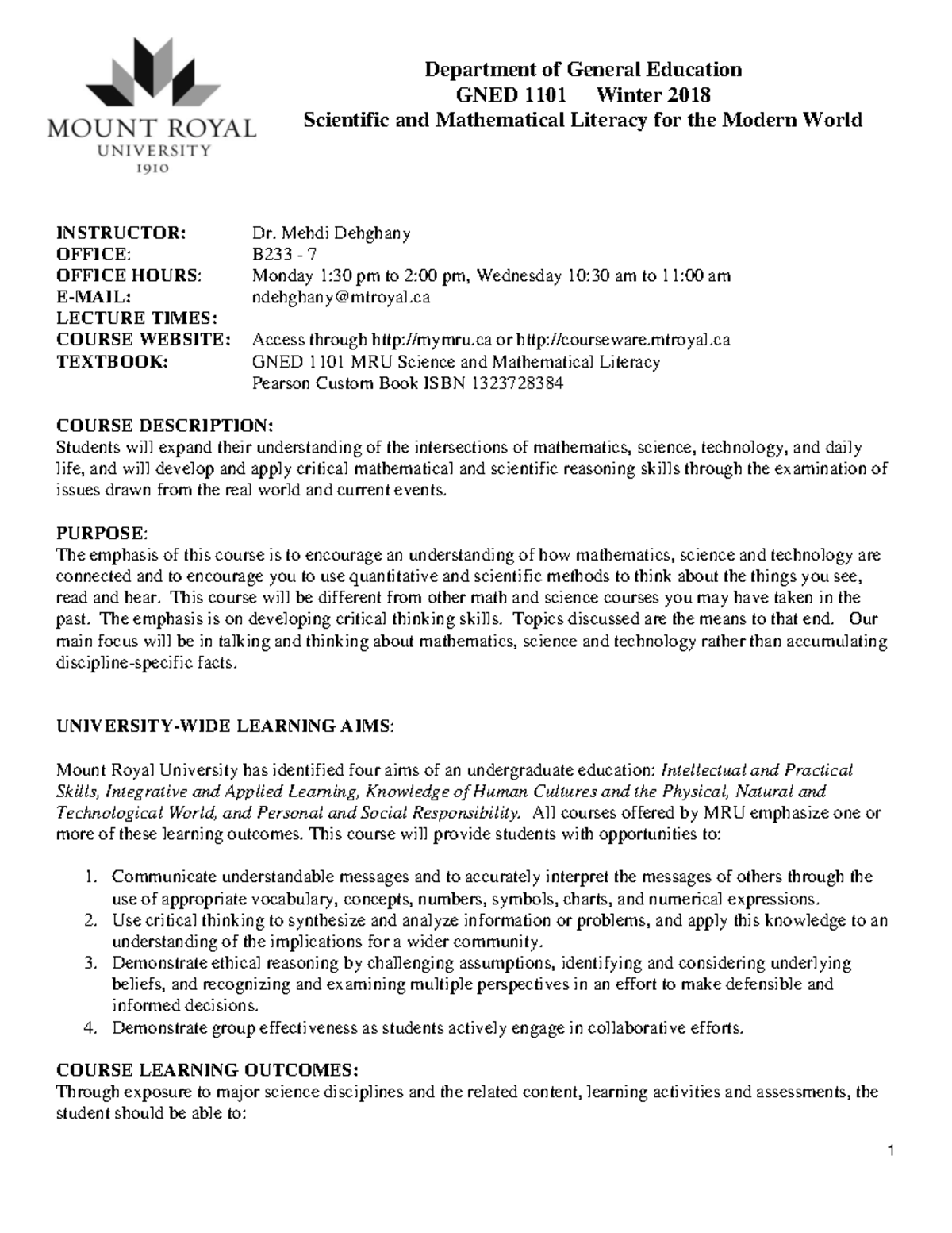 Course Outline - Department of General Education GNED 1101 Winter 2018 ...