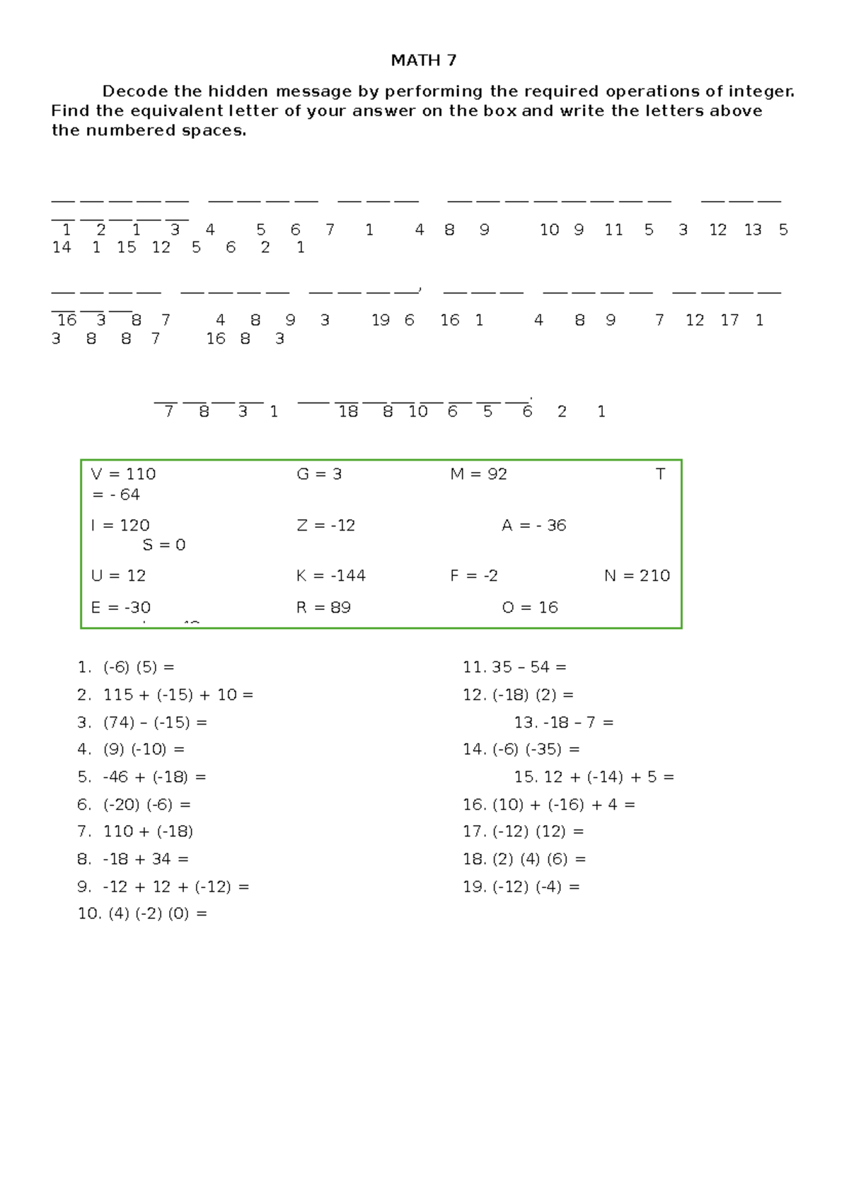 Decoding Message - MATH 7 Decode the hidden message by performing the ...