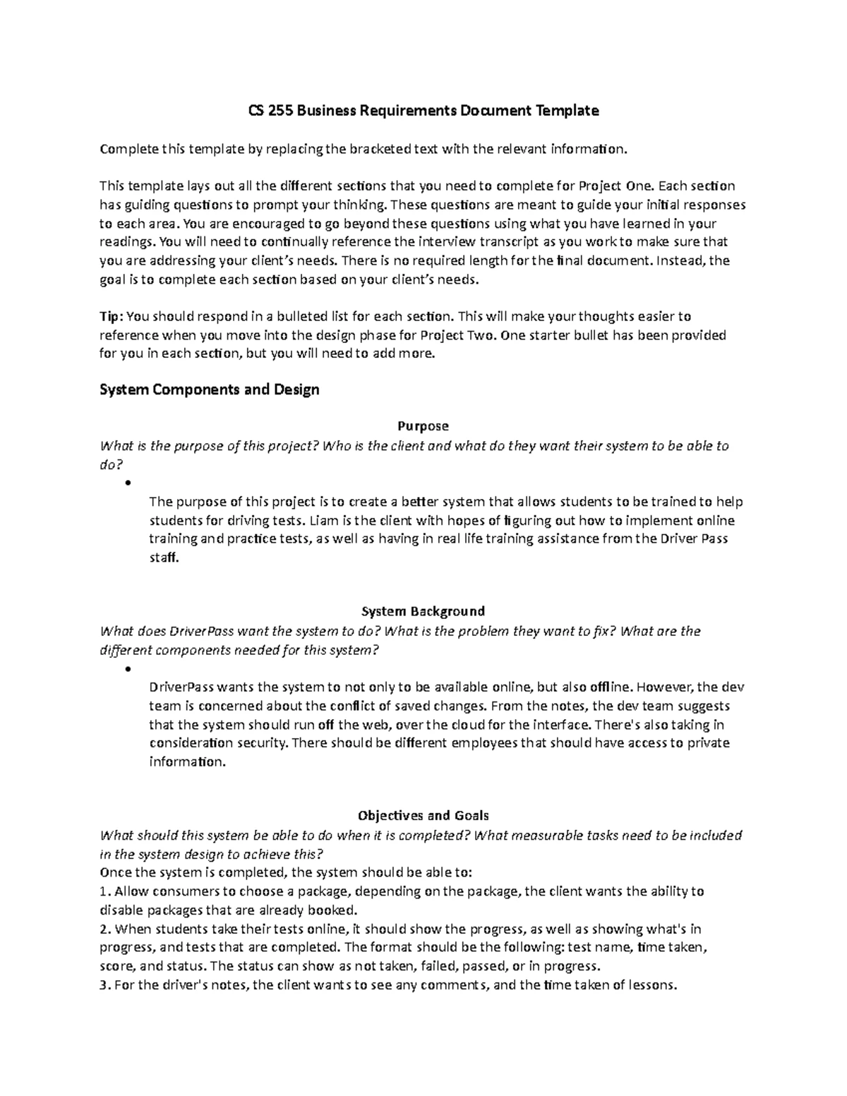 CS 255 Project 1 - Business Requirements Document for DriverPass - Studocu