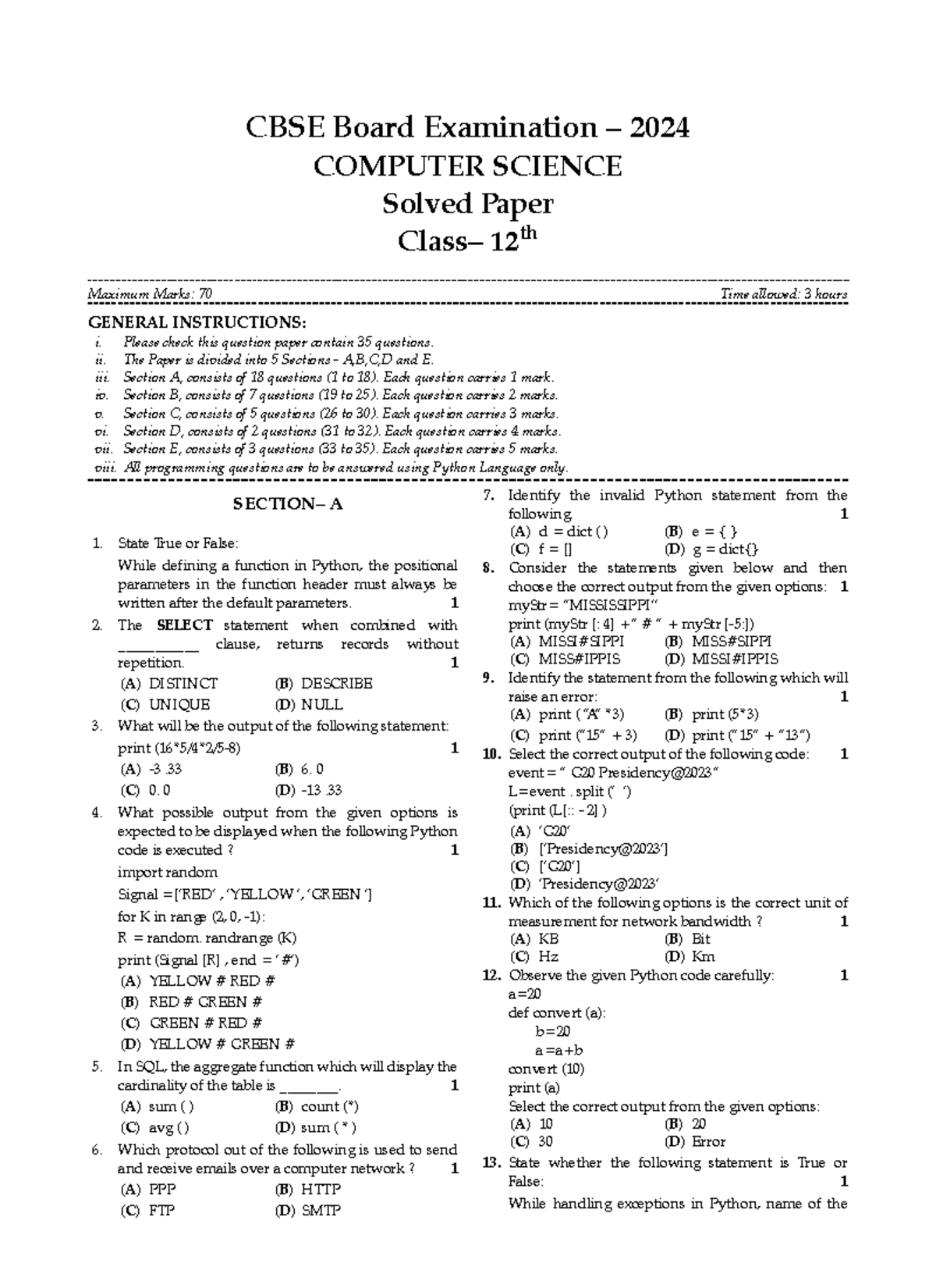 CBSE 12th COMPUTER SCIENCE Solved Paper 2024 - Complete Guide - Studocu