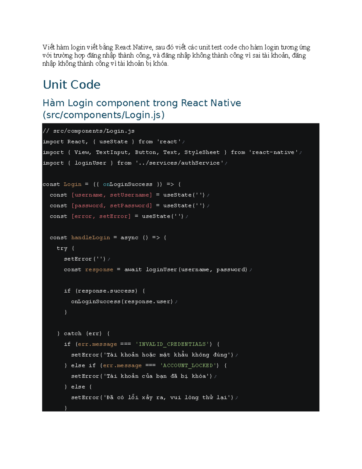 Hướng Dẫn Viết Unit Test cho React Native: Đăng Nhập (React101) - Studocu