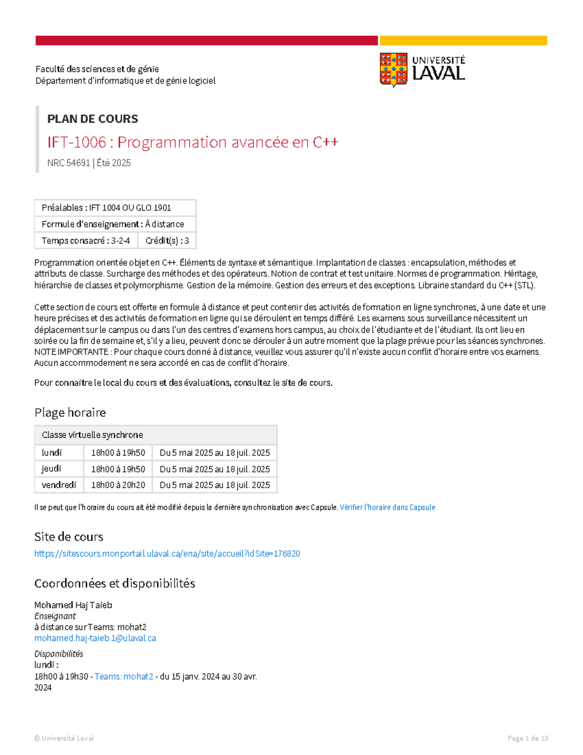 IFT-1006 E25 54691 - Plan de cours de Programmation Avancée en C++ ...