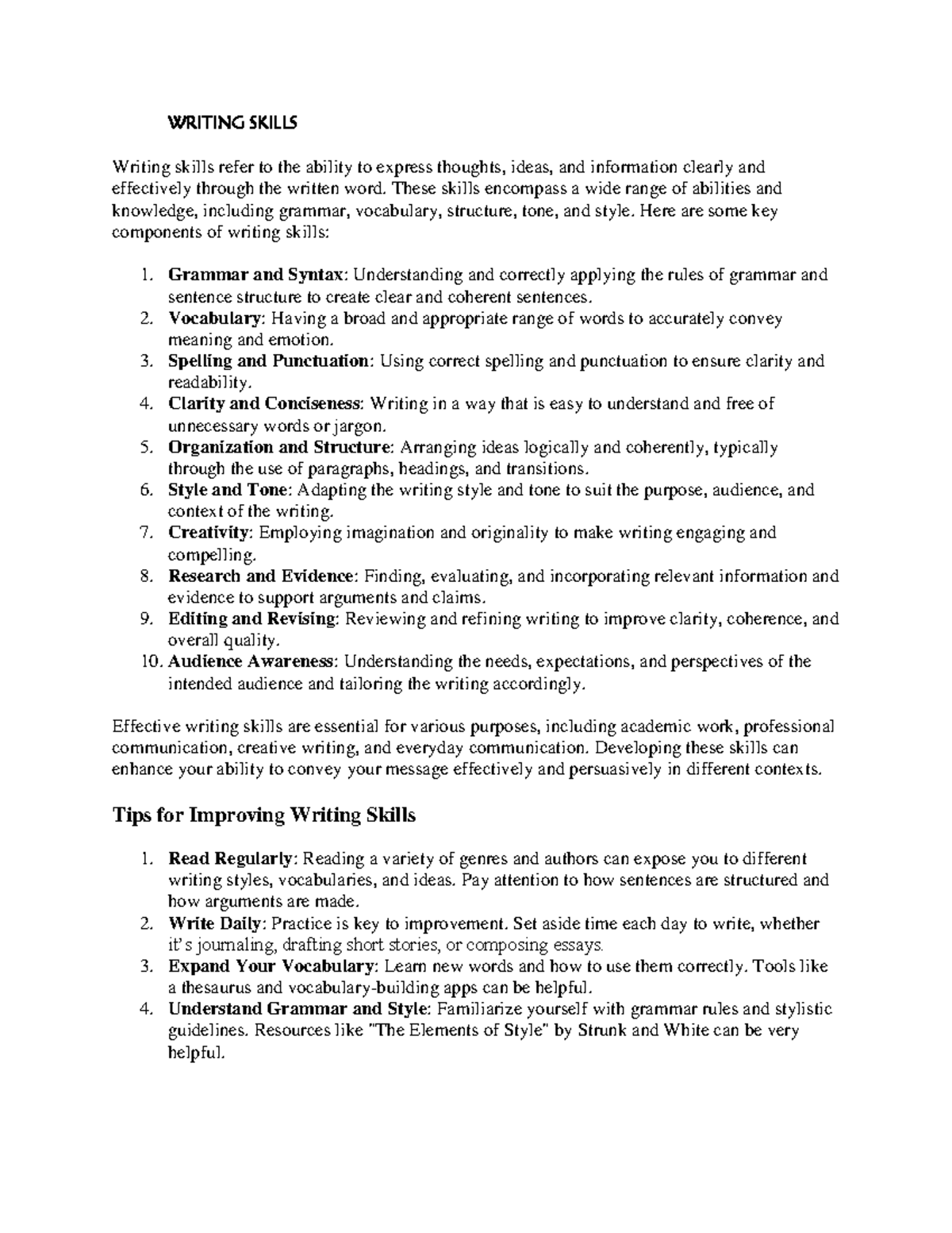 Improving Writing Skills: Key Elements and Practical Tips - Studocu